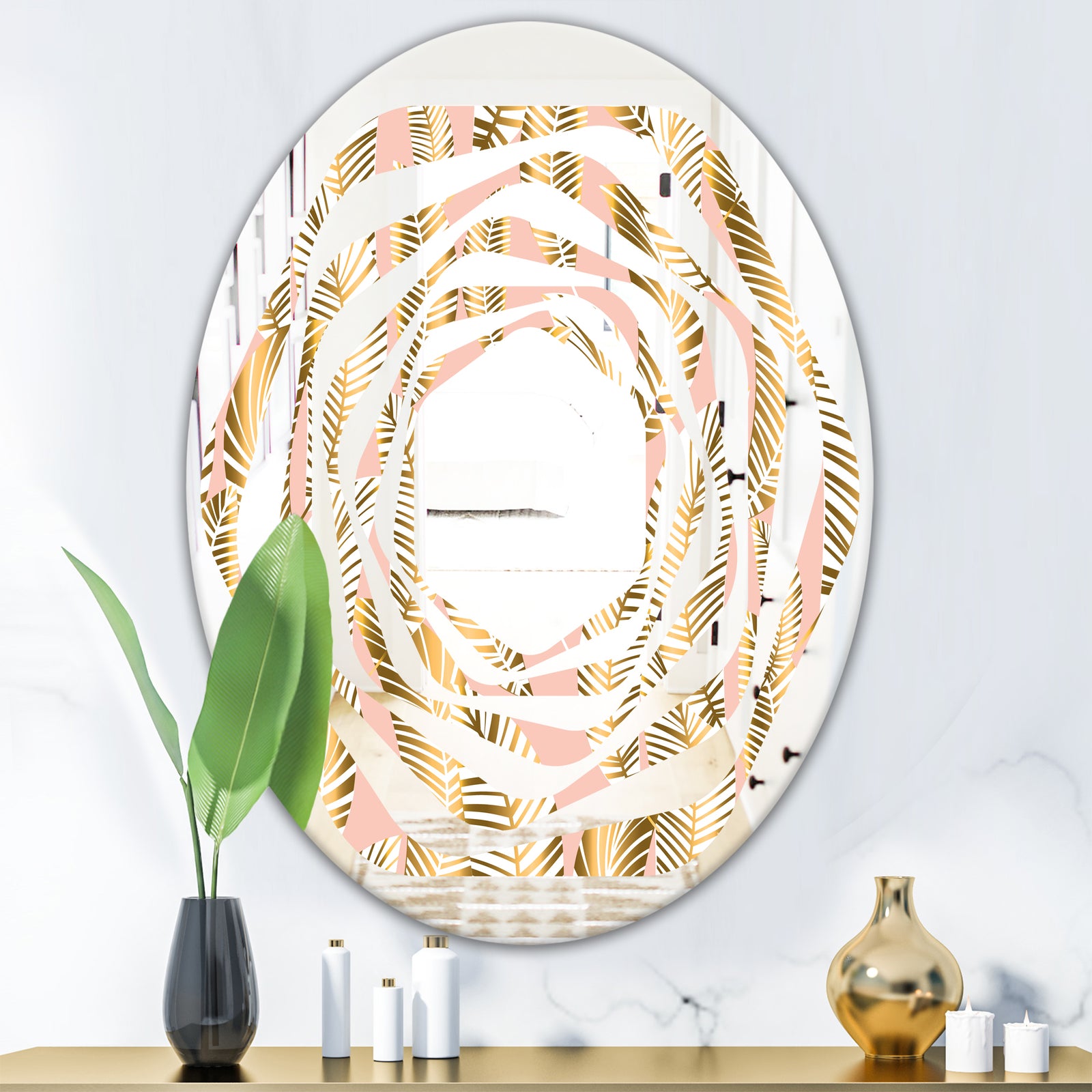 Golden Palm Leaves I - Modern Round or Oval Wall Mirror - Whirl