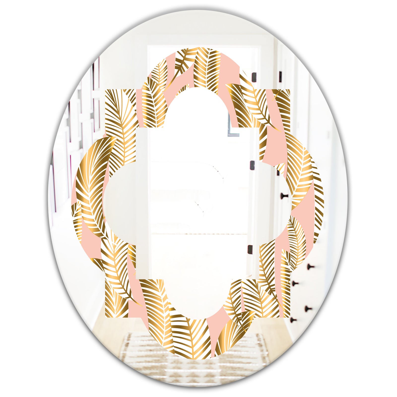 Golden Palm Leaves I - Modern Round or Oval Wall Mirror - Quatrefoil