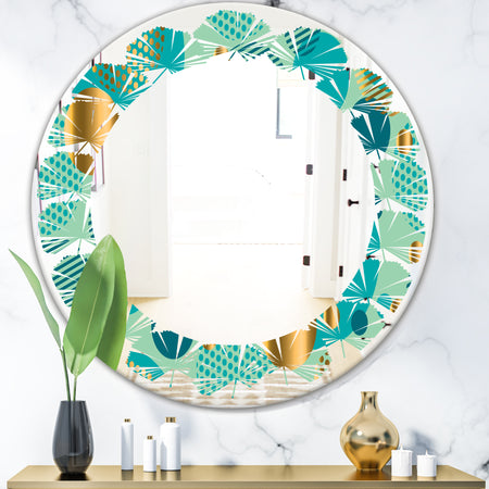 Gold and Blue Dynamics III - Modern Round or Oval Wall Mirror - Leaves
