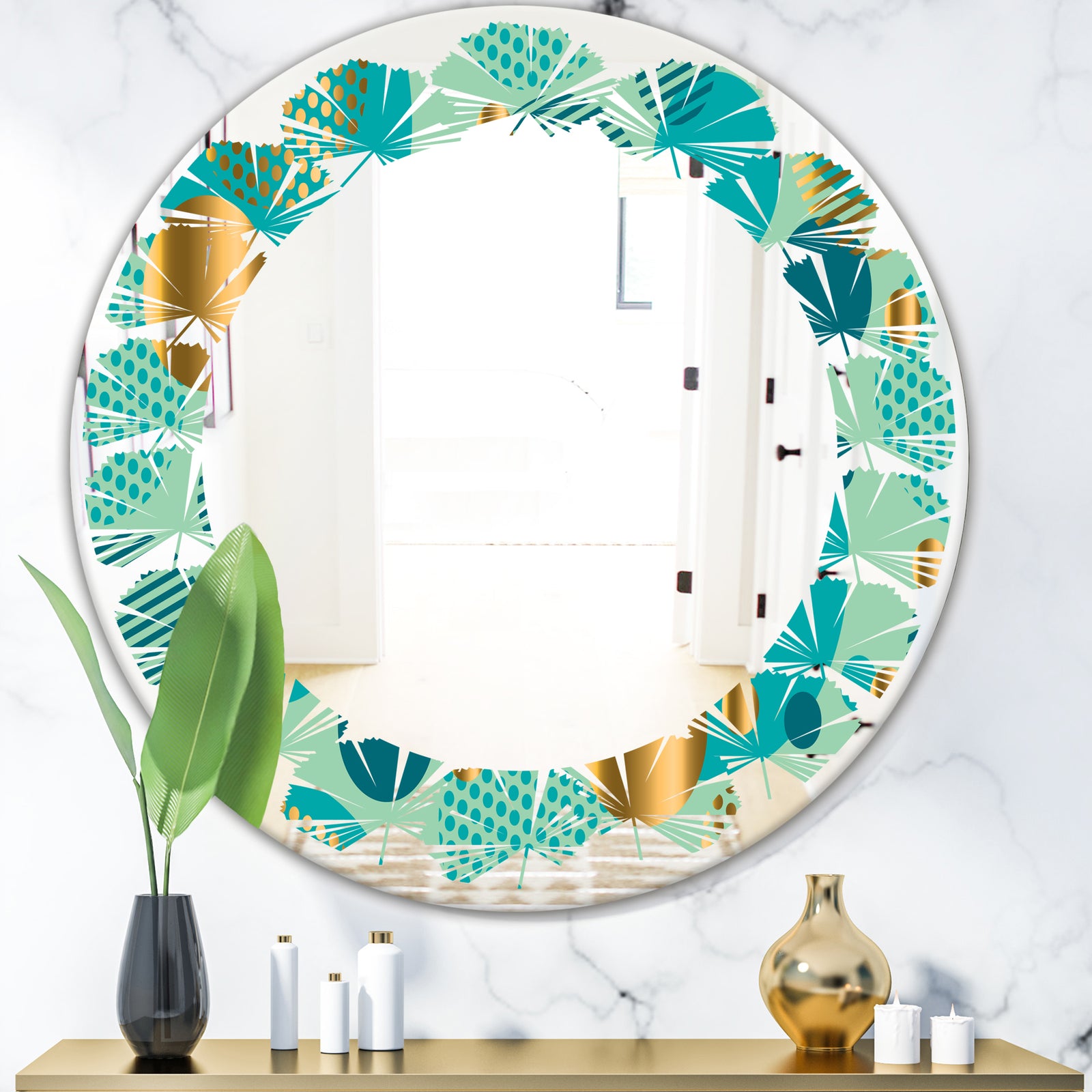 Gold and Blue Dynamics III - Modern Round or Oval Wall Mirror - Leaves