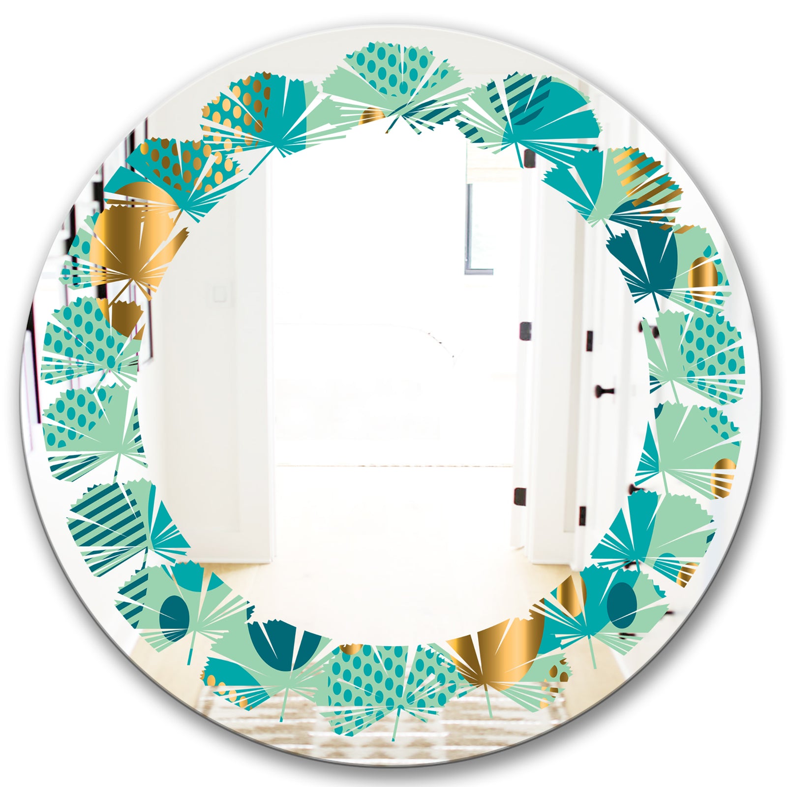 Gold and Blue Dynamics III - Modern Round or Oval Wall Mirror - Leaves