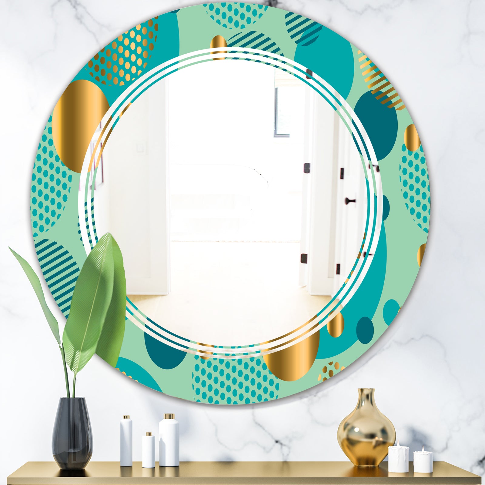 Gold and Blue Dynamics III - Modern Round or Oval Wall Mirror - Triple C