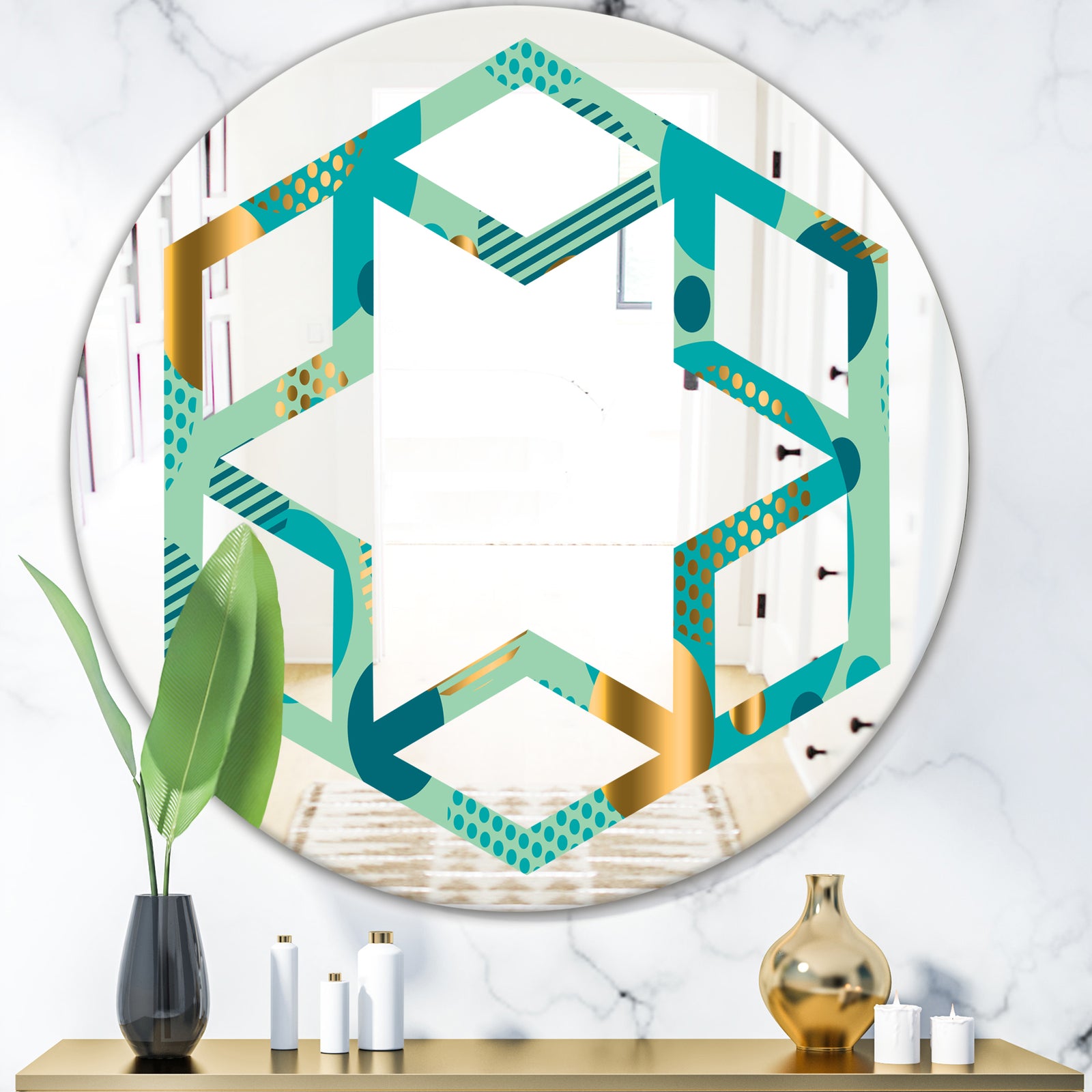 Gold and Blue Dynamics III - Modern Round or Oval Wall Mirror - Hexagon Star