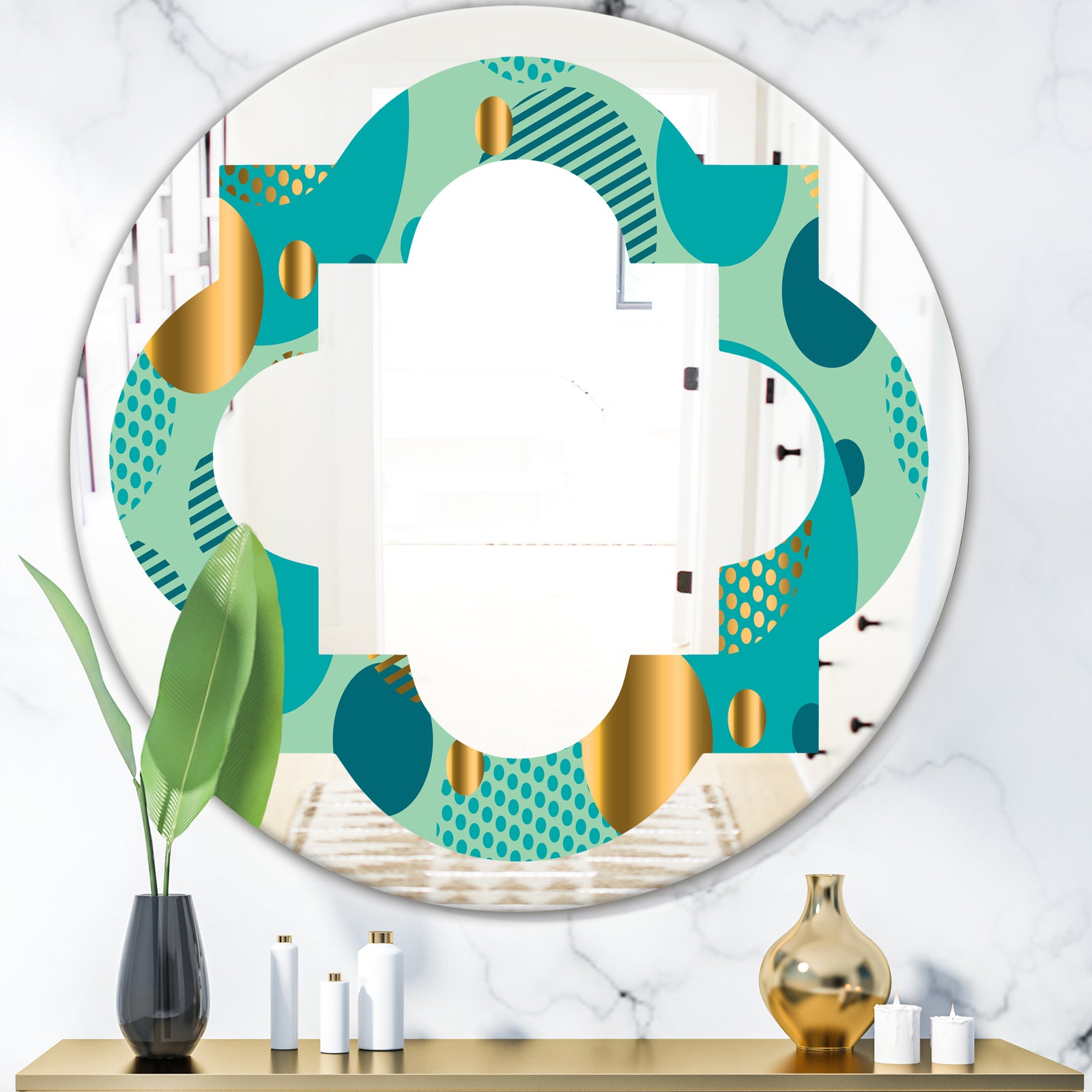 Gold and Blue Dynamics III - Modern Round or Oval Wall Mirror - Quatrefoil