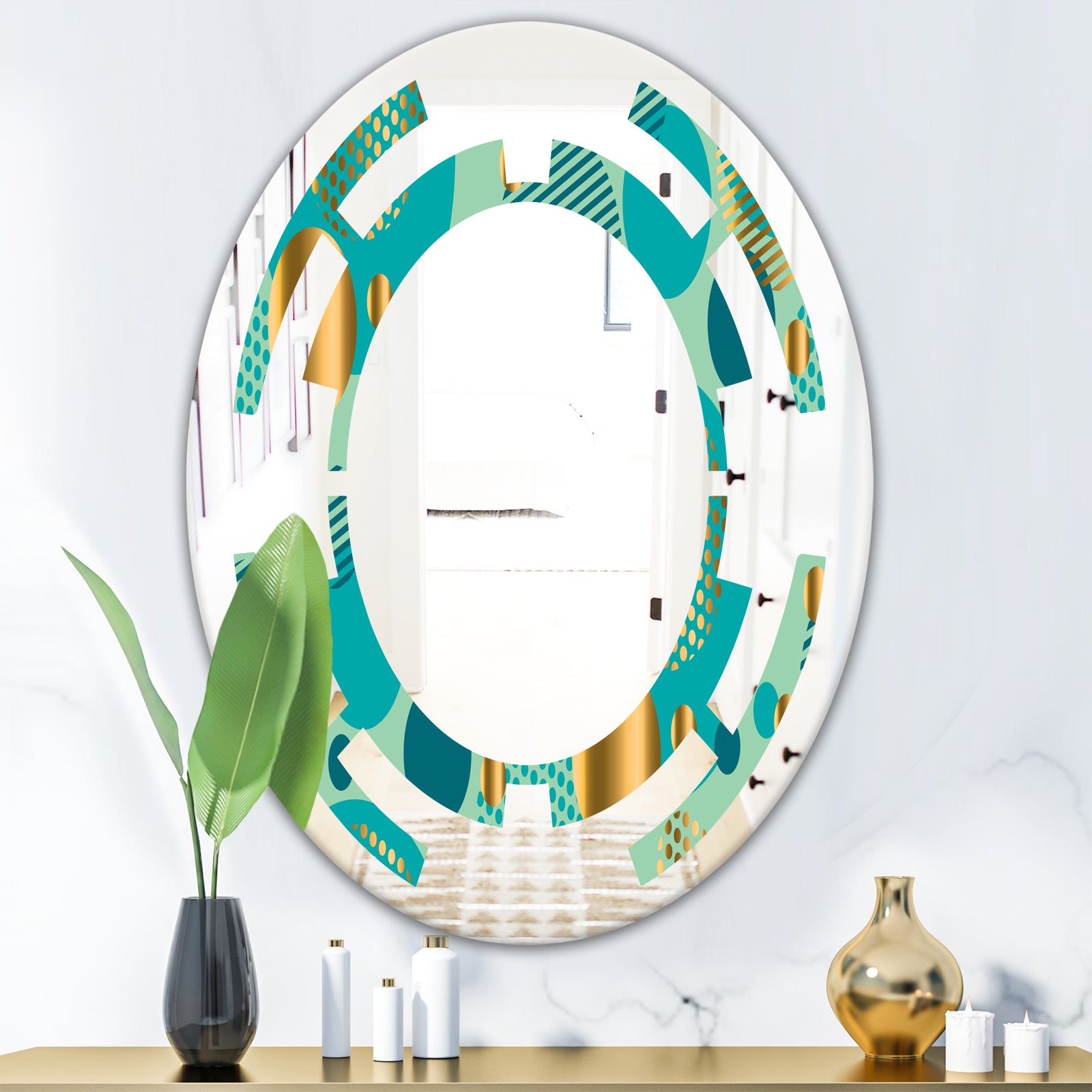 Gold and Blue Dynamics III - Modern Round or Oval Wall Mirror - Space