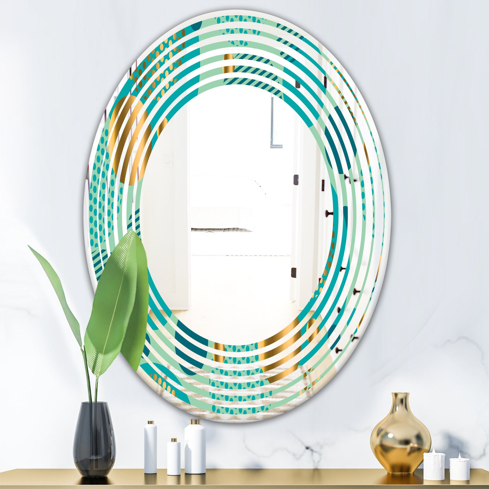Gold and Blue Dynamics III - Modern Round or Oval Wall Mirror - Wave