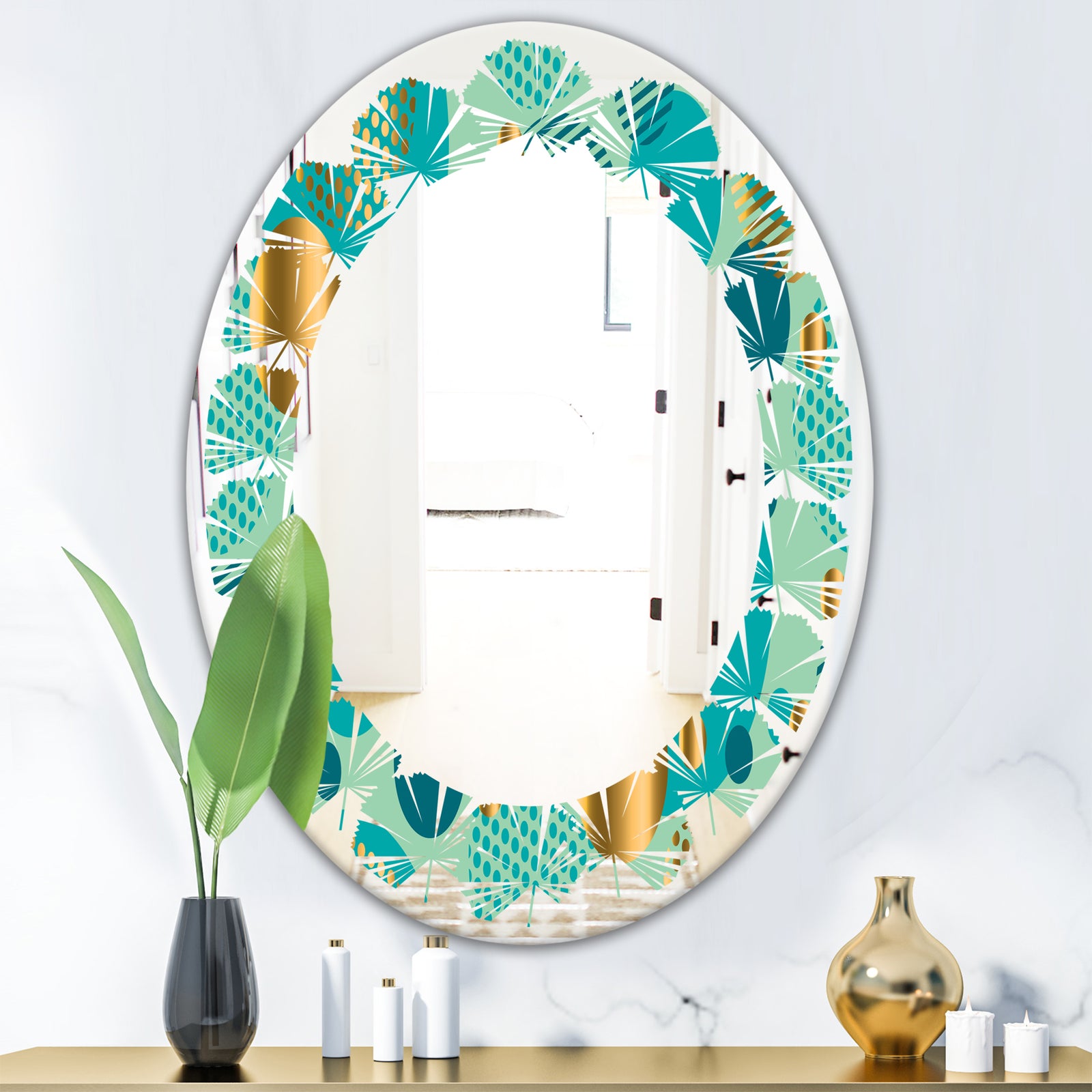 Gold and Blue Dynamics III - Modern Round or Oval Wall Mirror - Leaves