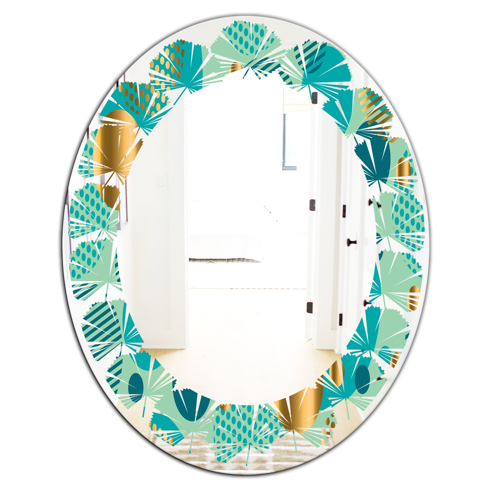 Gold and Blue Dynamics III - Modern Round or Oval Wall Mirror - Leaves