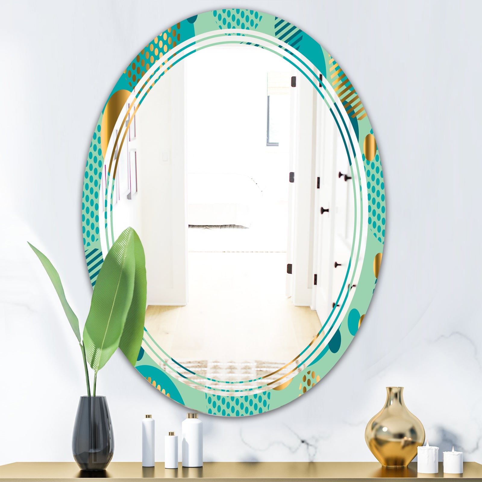 Gold and Blue Dynamics III - Modern Round or Oval Wall Mirror - Triple C