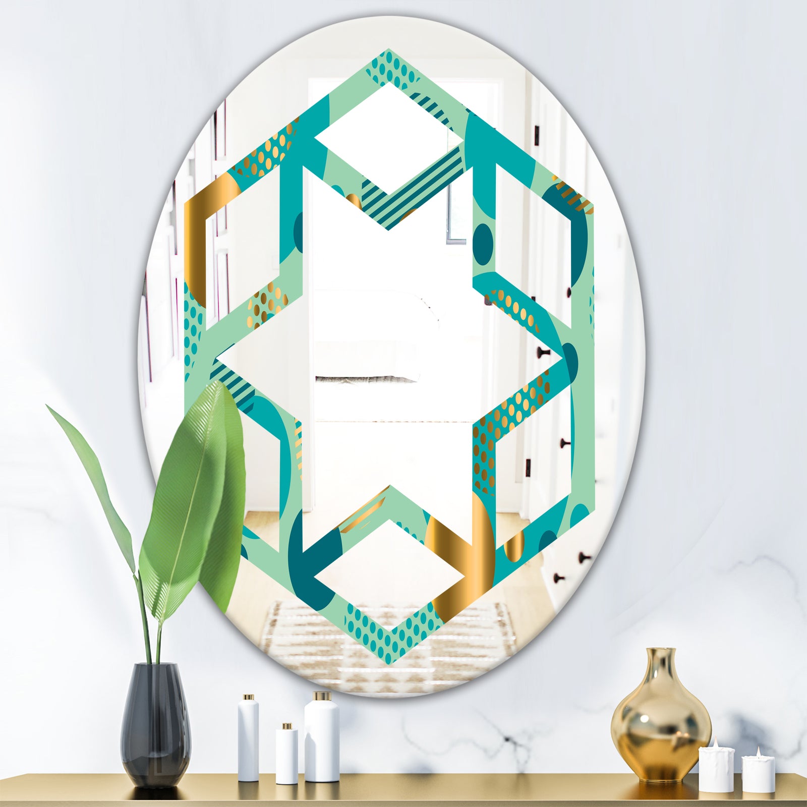 Gold and Blue Dynamics III - Modern Round or Oval Wall Mirror - Hexagon Star