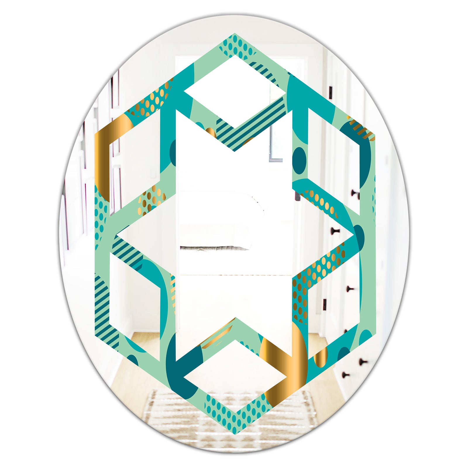Gold and Blue Dynamics III - Modern Round or Oval Wall Mirror - Hexagon Star