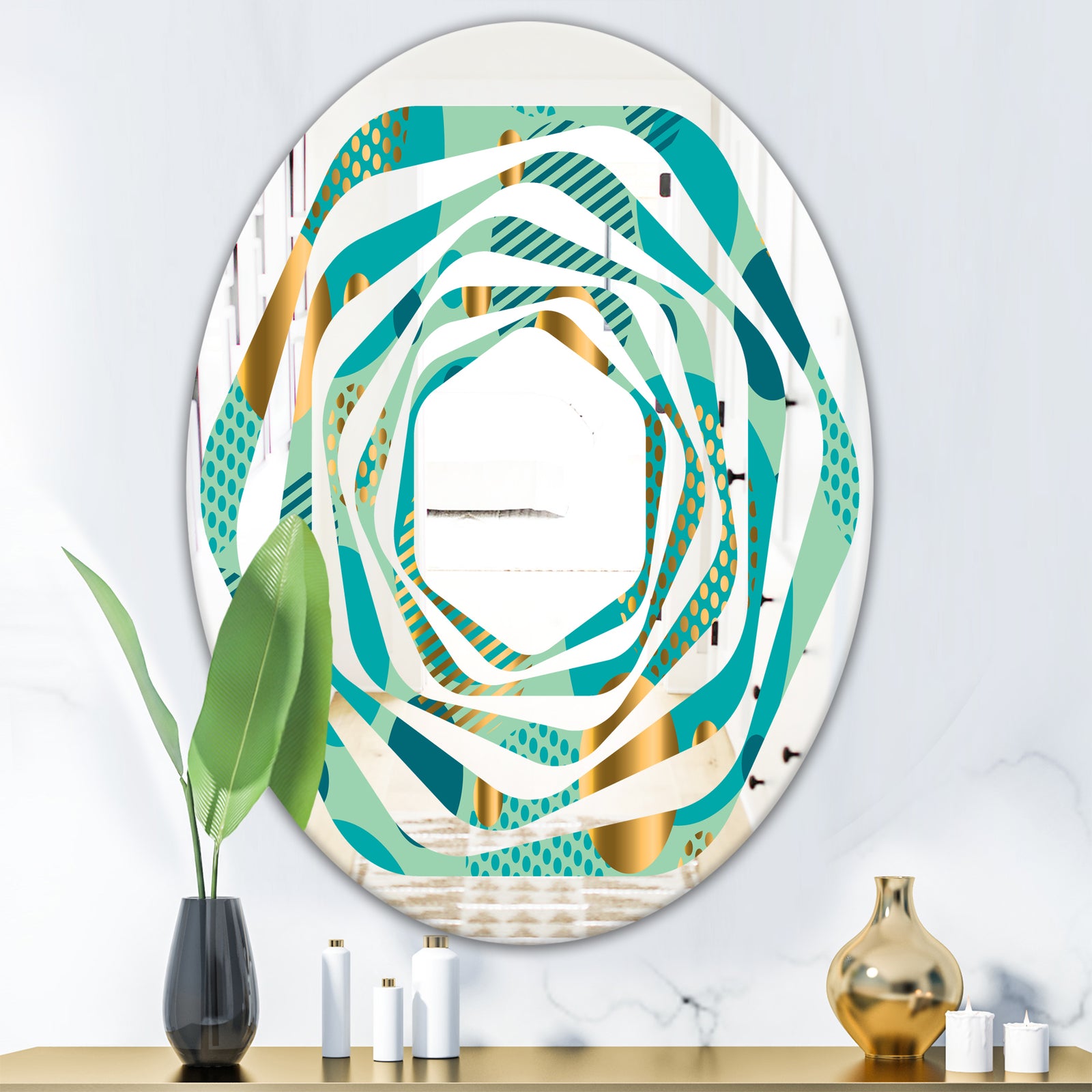Gold and Blue Dynamics III - Modern Round or Oval Wall Mirror - Whirl