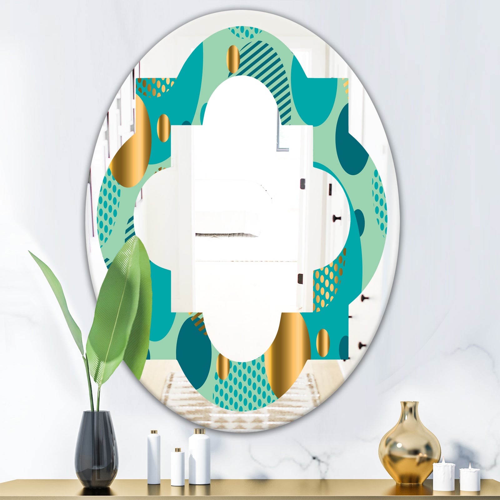 Gold and Blue Dynamics III - Modern Round or Oval Wall Mirror - Quatrefoil
