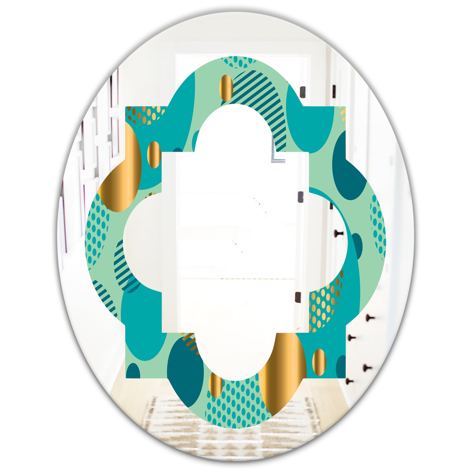 Gold and Blue Dynamics III - Modern Round or Oval Wall Mirror - Quatrefoil