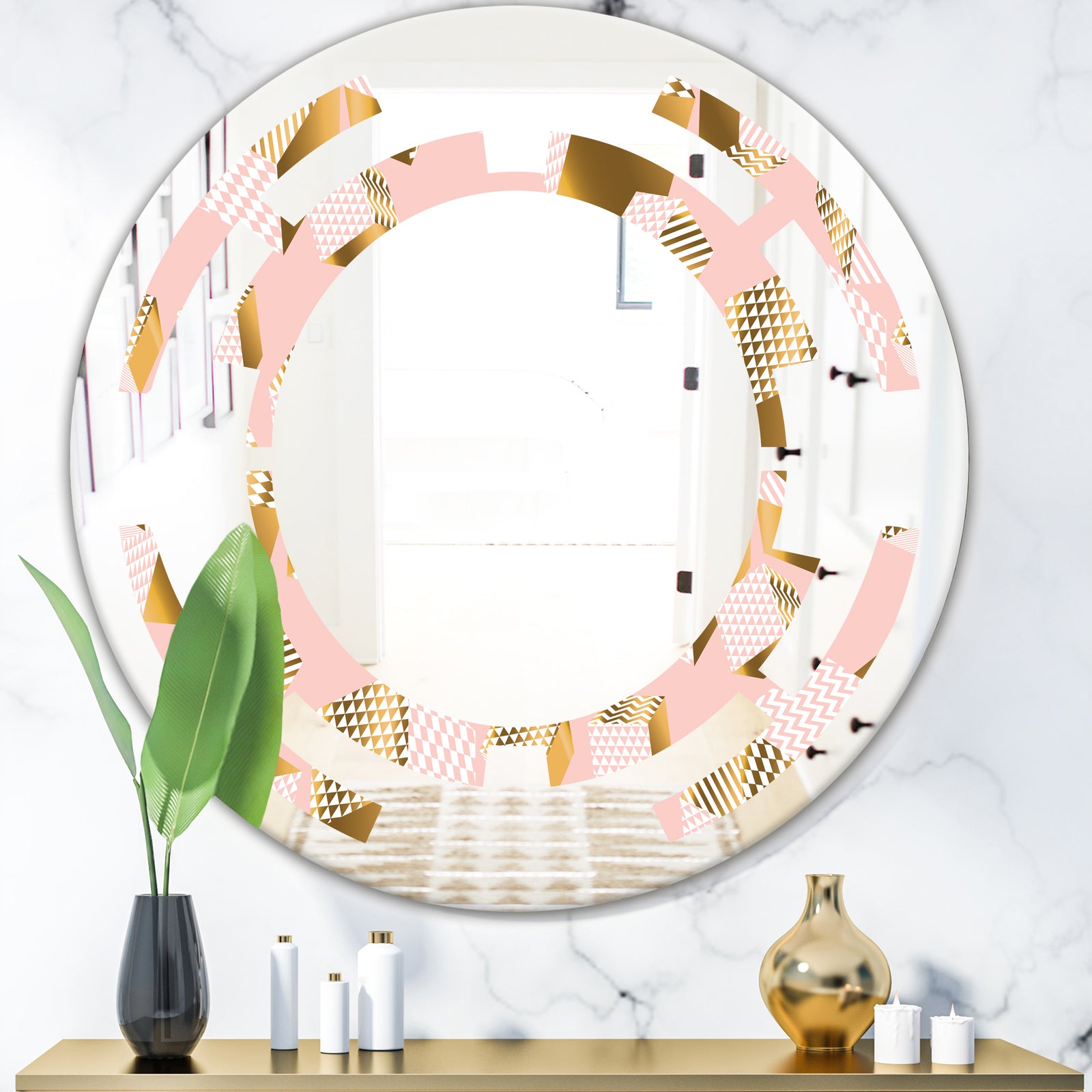 Gold and Rose Cubes II - Modern Round or Oval Wall Mirror - Space