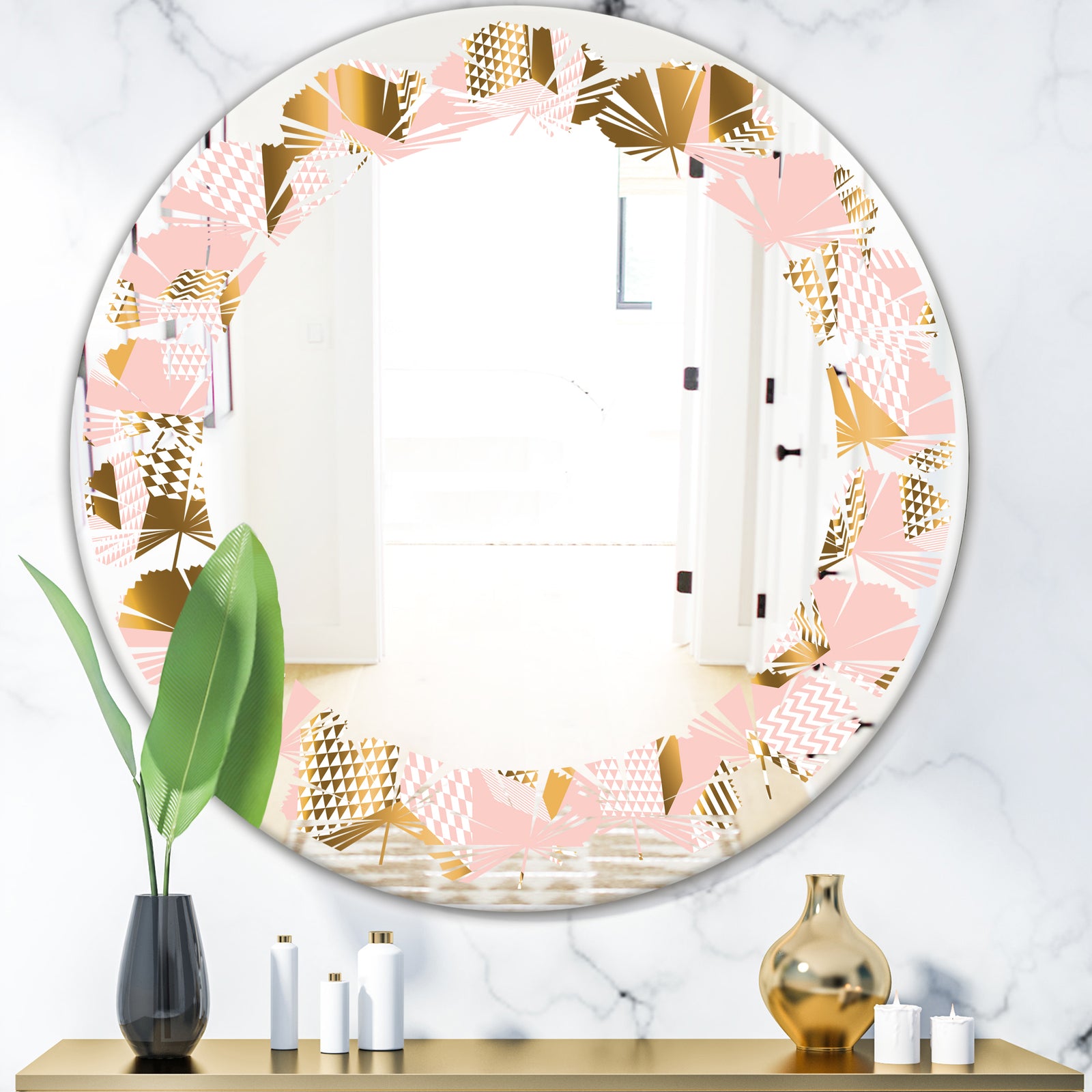 Gold and Rose Cubes II - Modern Round or Oval Wall Mirror - Leaves