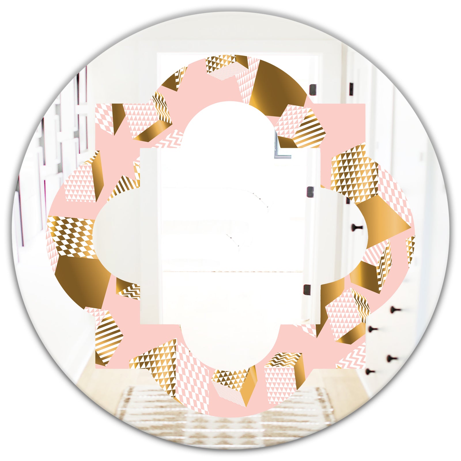 Gold and Rose Cubes II - Modern Round or Oval Wall Mirror - Quatrefoil