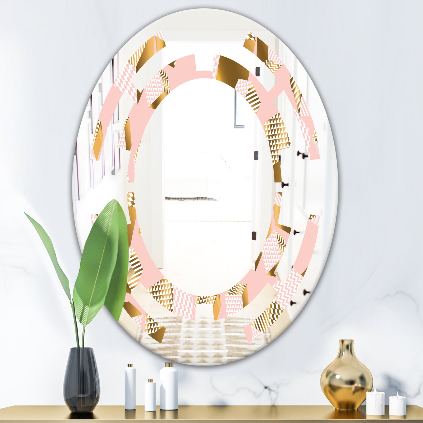 Gold and Rose Cubes II - Modern Round or Oval Wall Mirror - Space