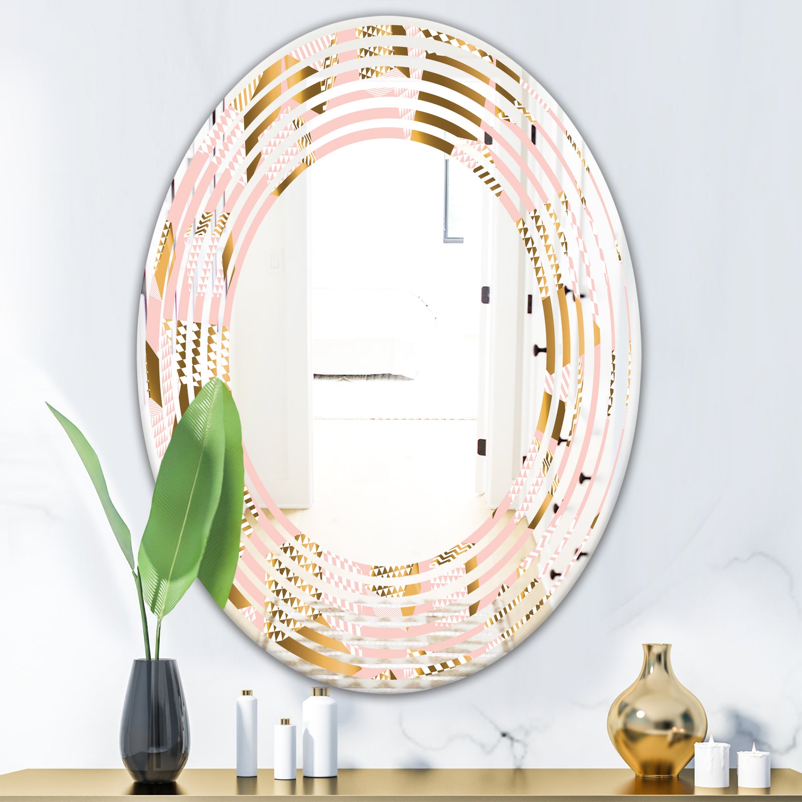 Gold and Rose Cubes II - Modern Round or Oval Wall Mirror - Wave