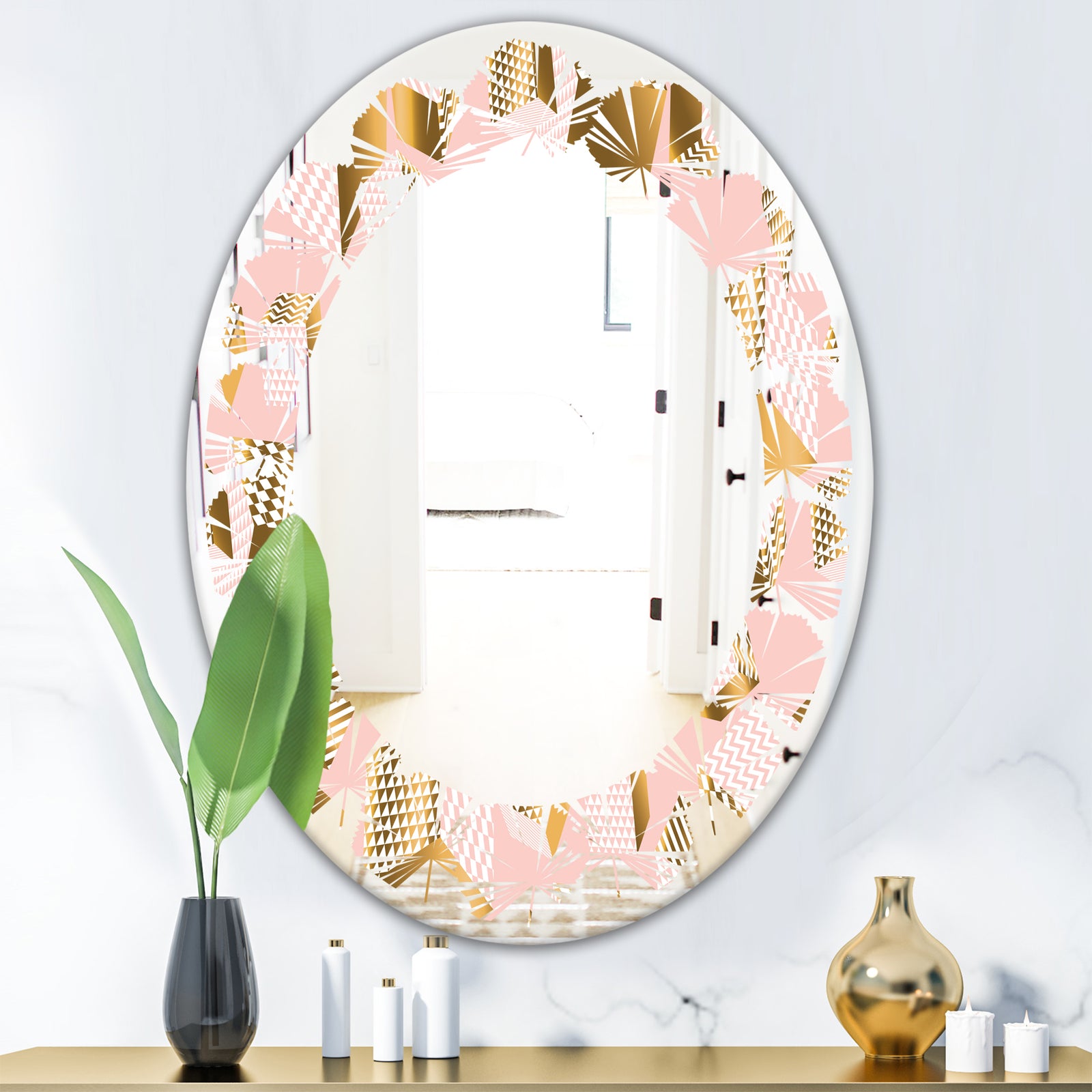Gold and Rose Cubes II - Modern Round or Oval Wall Mirror - Leaves