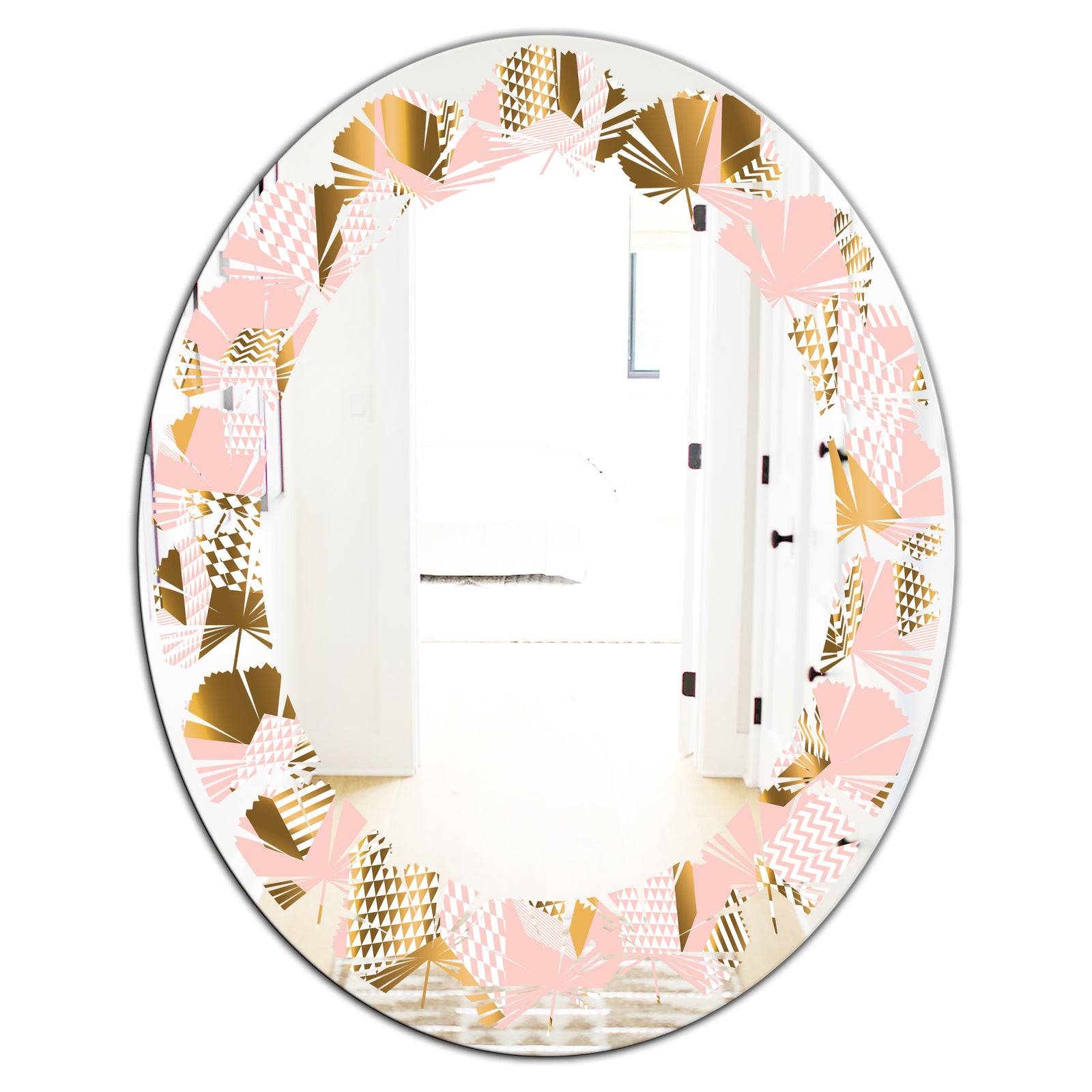 Gold and Rose Cubes II - Modern Round or Oval Wall Mirror - Leaves