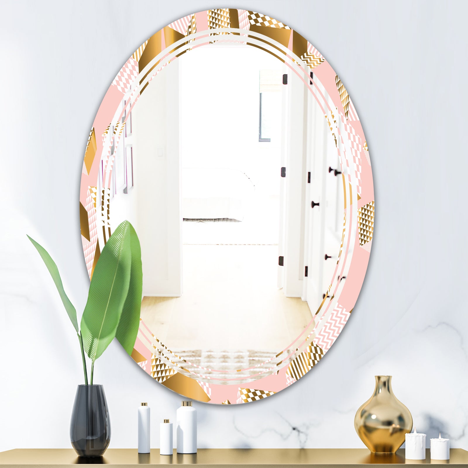 Gold and Rose Cubes II - Modern Round or Oval Wall Mirror - Triple C