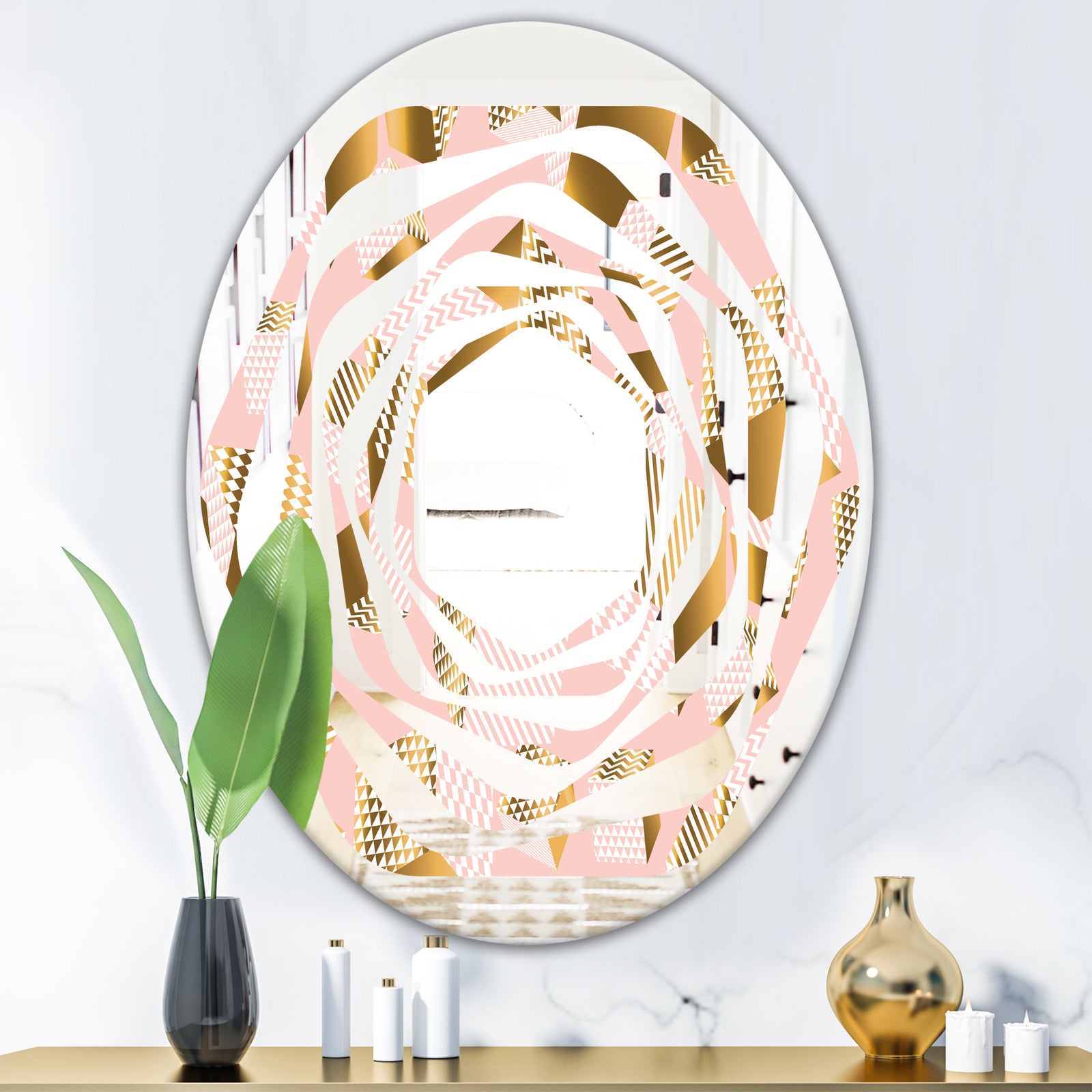 Gold and Rose Cubes II - Modern Round or Oval Wall Mirror - Whirl