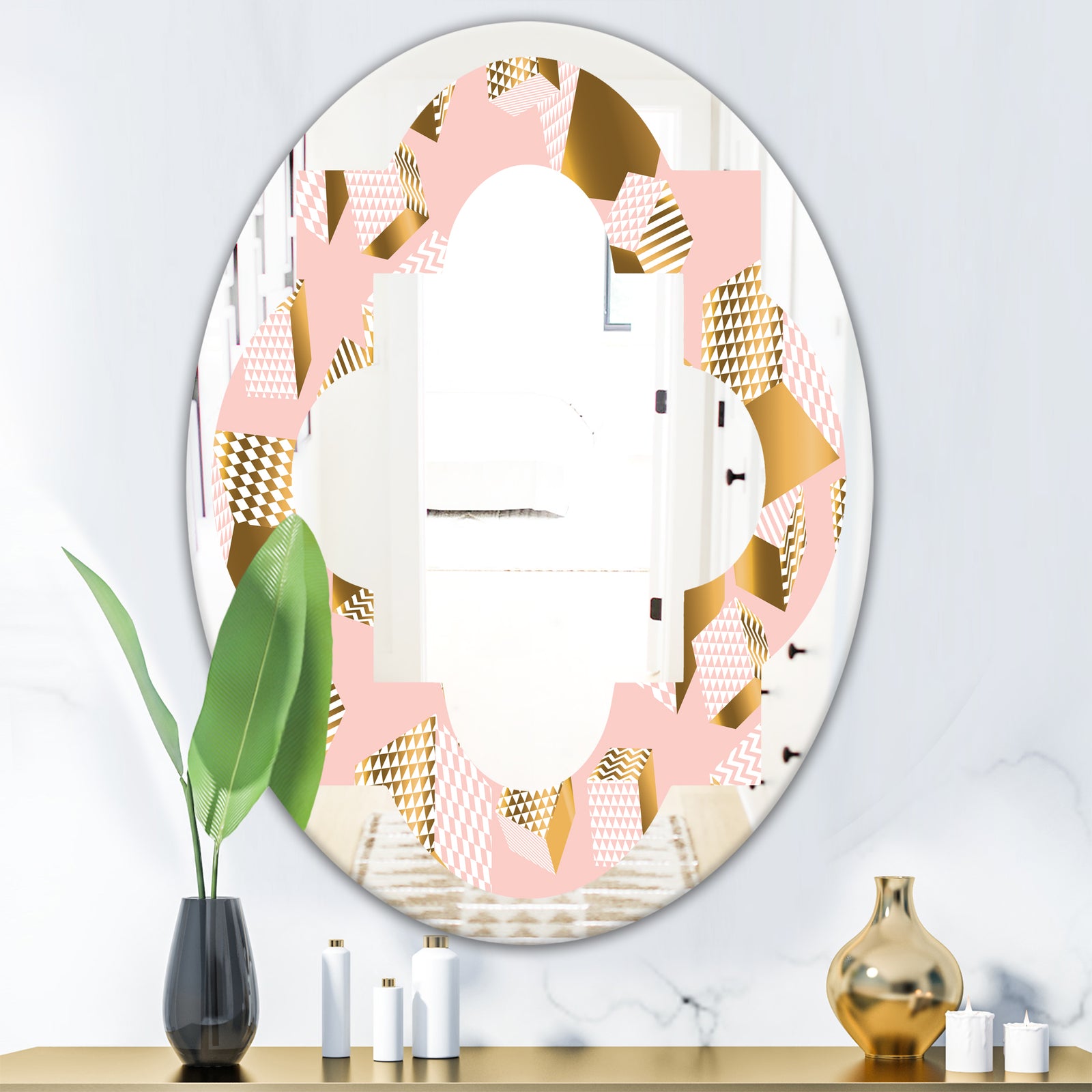 Gold and Rose Cubes II - Modern Round or Oval Wall Mirror - Quatrefoil