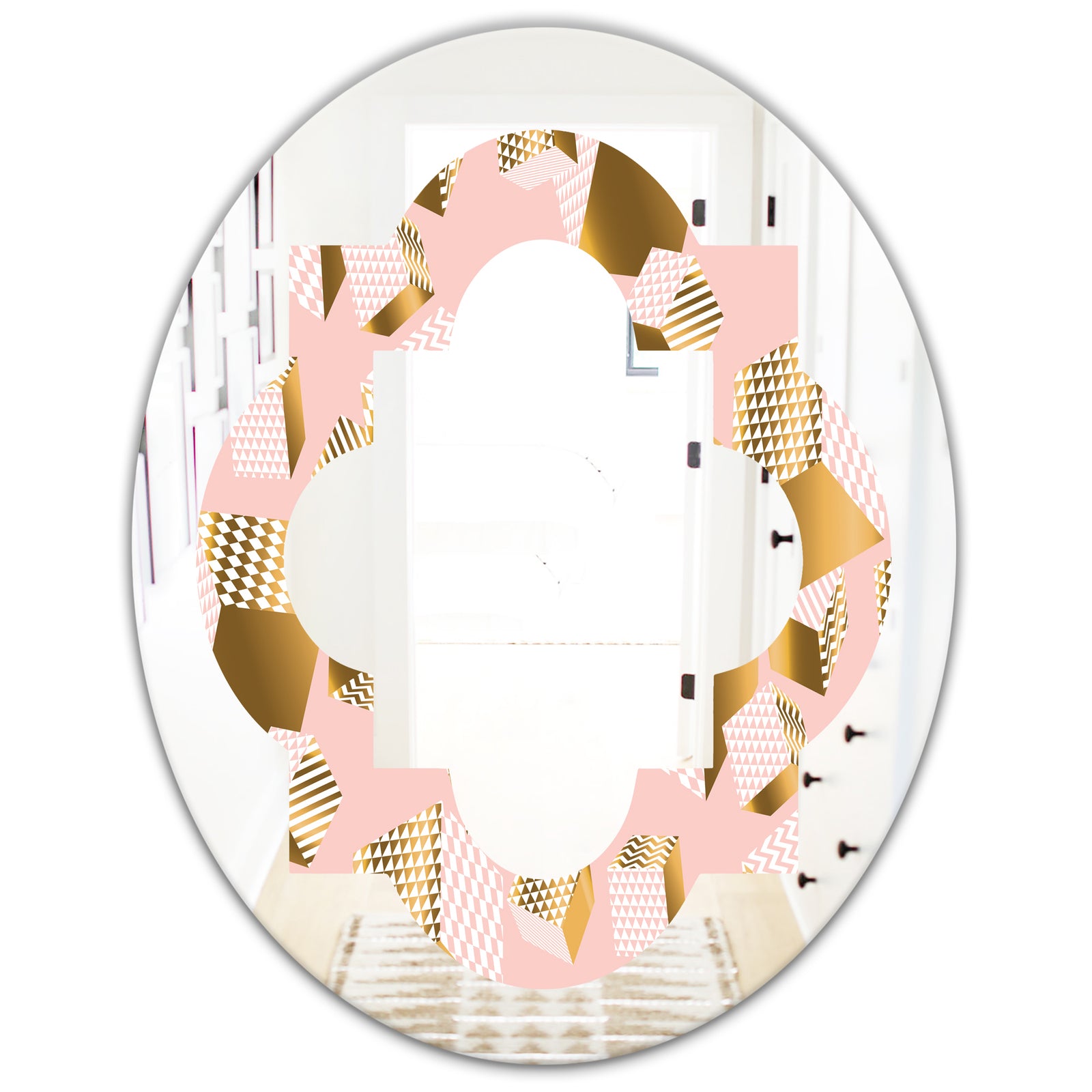 Gold and Rose Cubes II - Modern Round or Oval Wall Mirror - Quatrefoil
