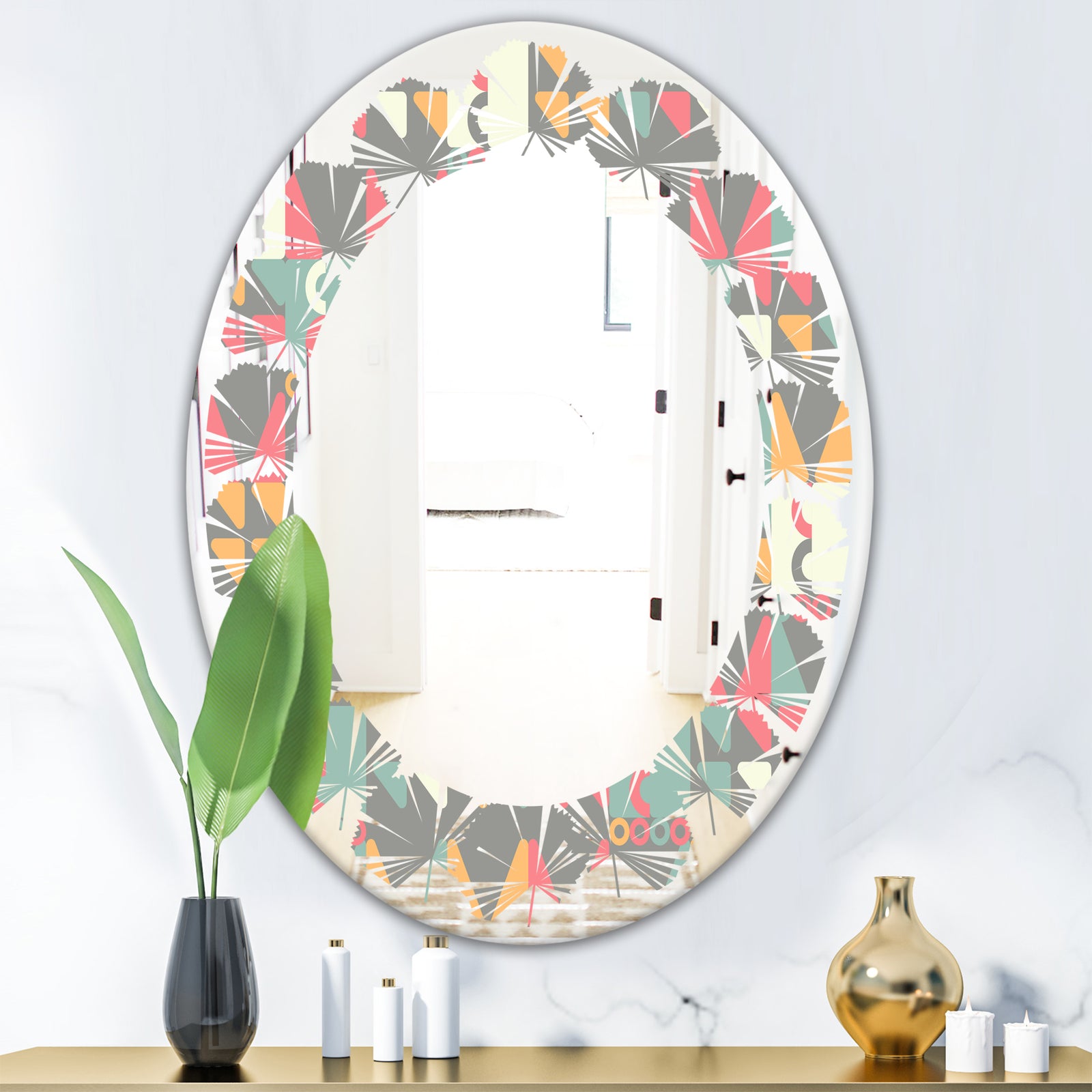 Retro Abstract Design V - Modern Round or Oval Wall Mirror - Leaves