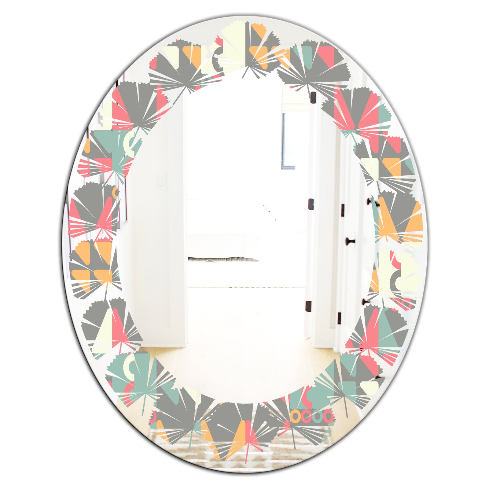 Retro Abstract Design V - Modern Round or Oval Wall Mirror - Leaves