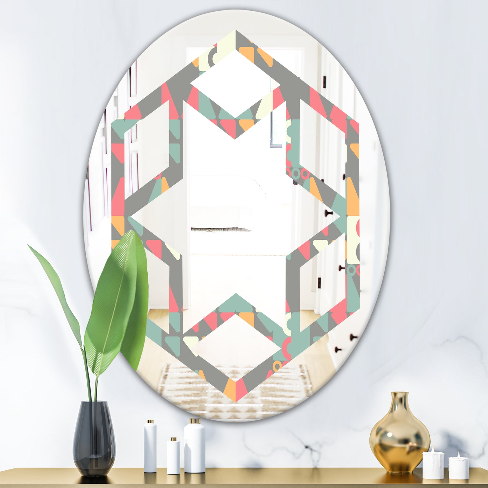 Retro Abstract Design V - Modern Round or Oval Wall Mirror - Hexagon Star