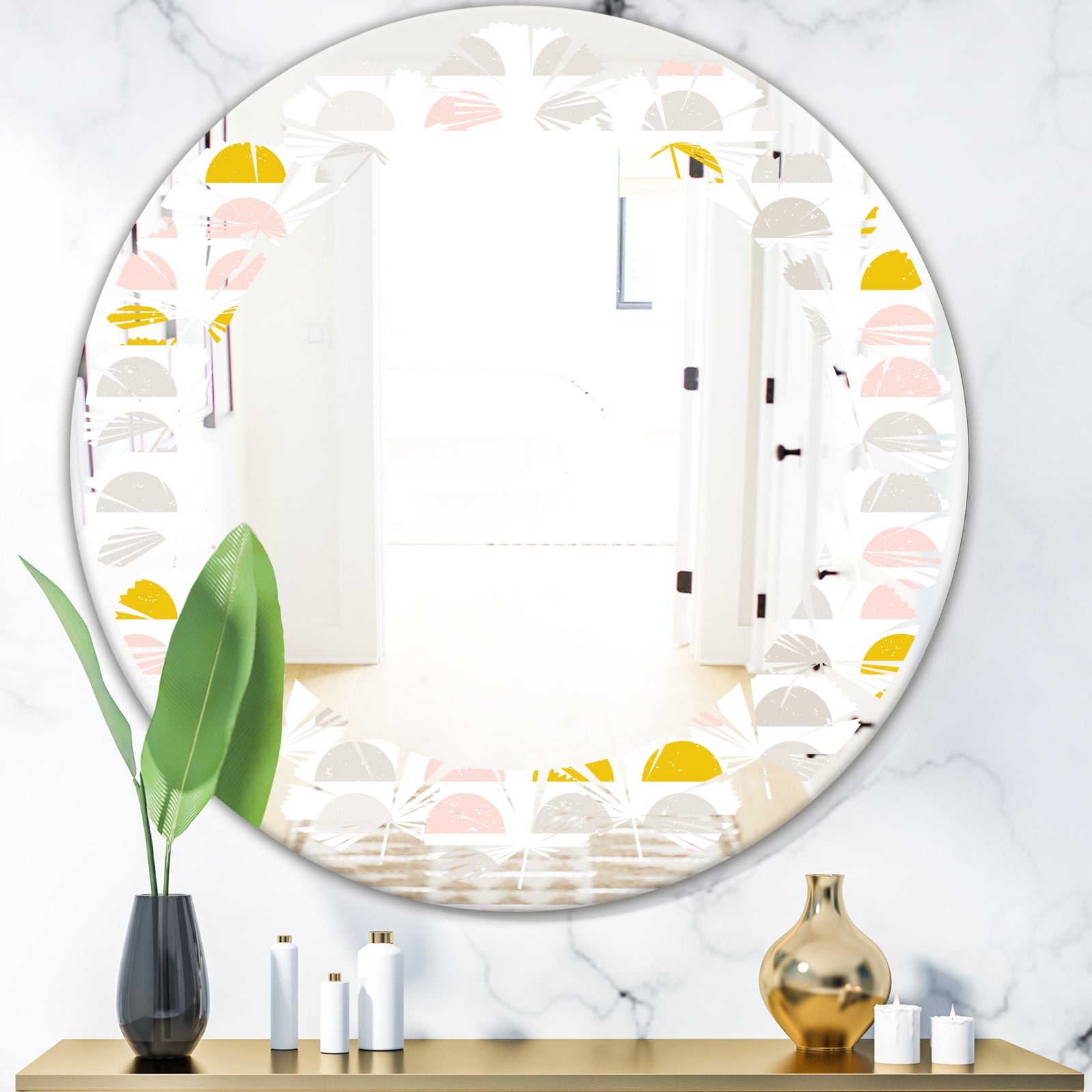 Retro Pastel Circular Pattern III - Modern Round or Oval Wall Mirror - Leaves