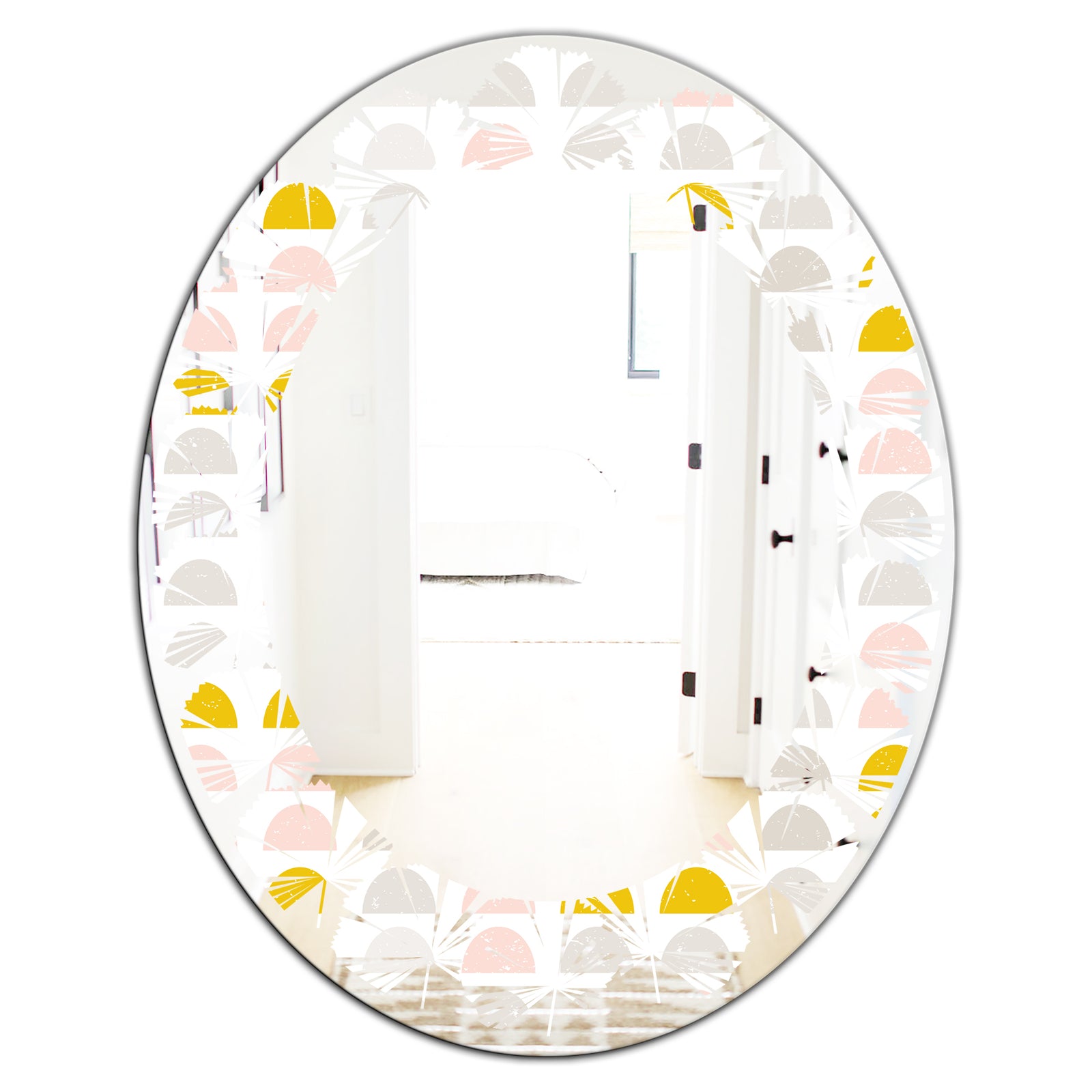 Retro Pastel Circular Pattern III - Modern Round or Oval Wall Mirror - Leaves