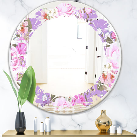 pattern with country roses - Modern Round or Oval Wall Mirror - Leaves