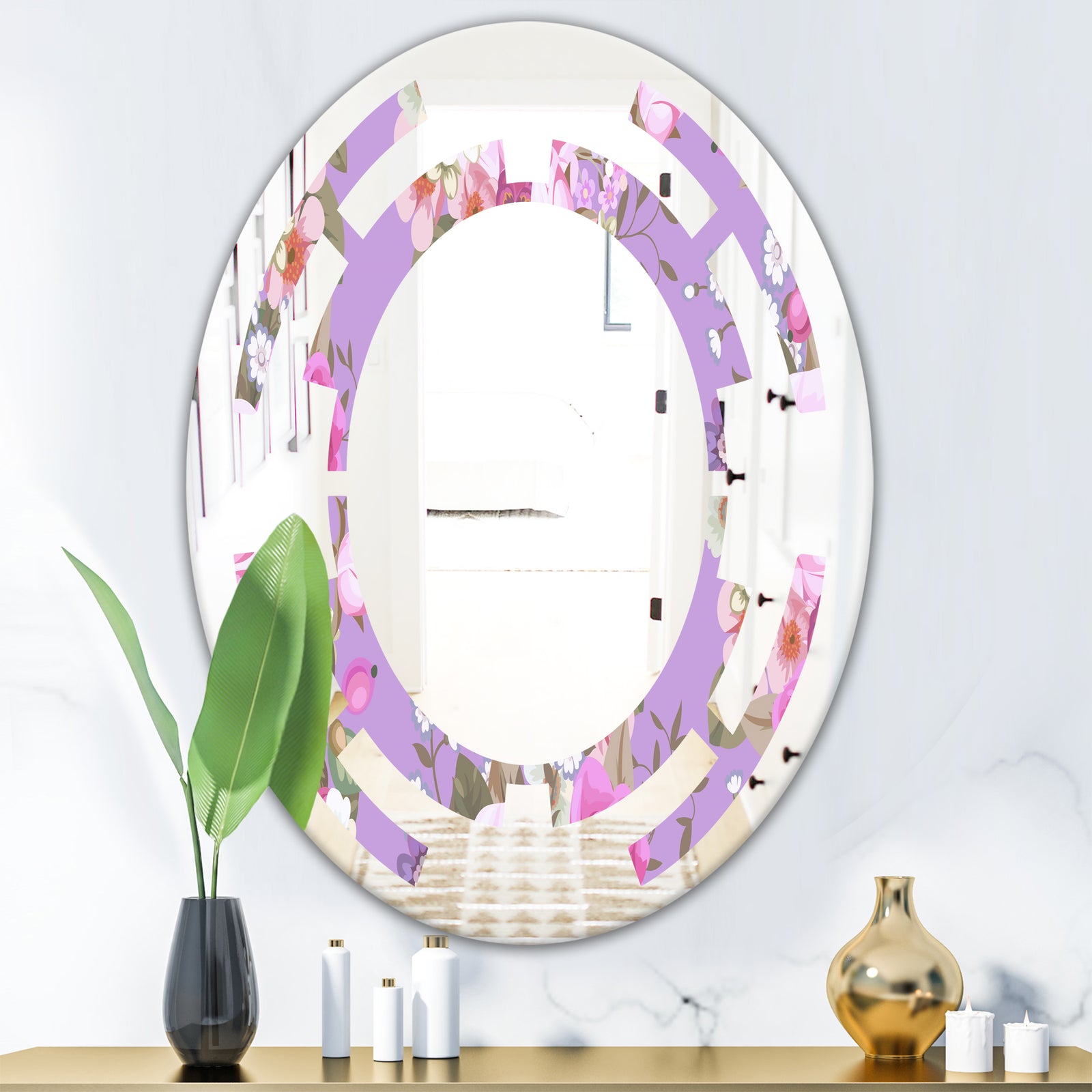 pattern with country roses - Modern Round or Oval Wall Mirror - Space