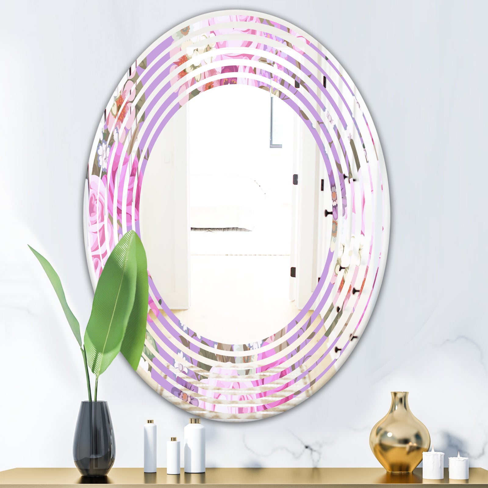 pattern with country roses - Modern Round or Oval Wall Mirror - Wave