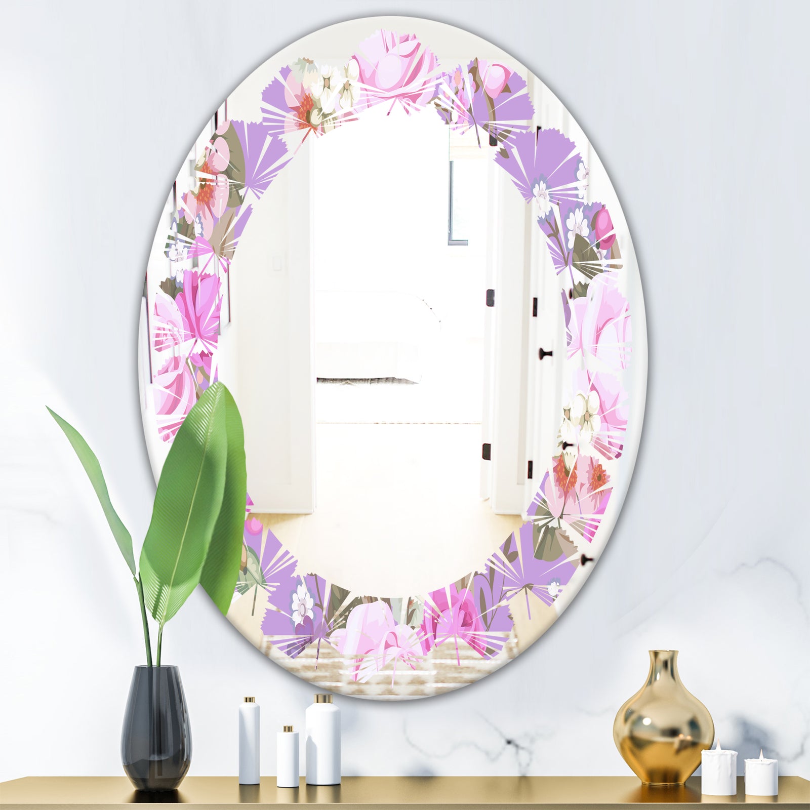 pattern with country roses - Modern Round or Oval Wall Mirror - Leaves