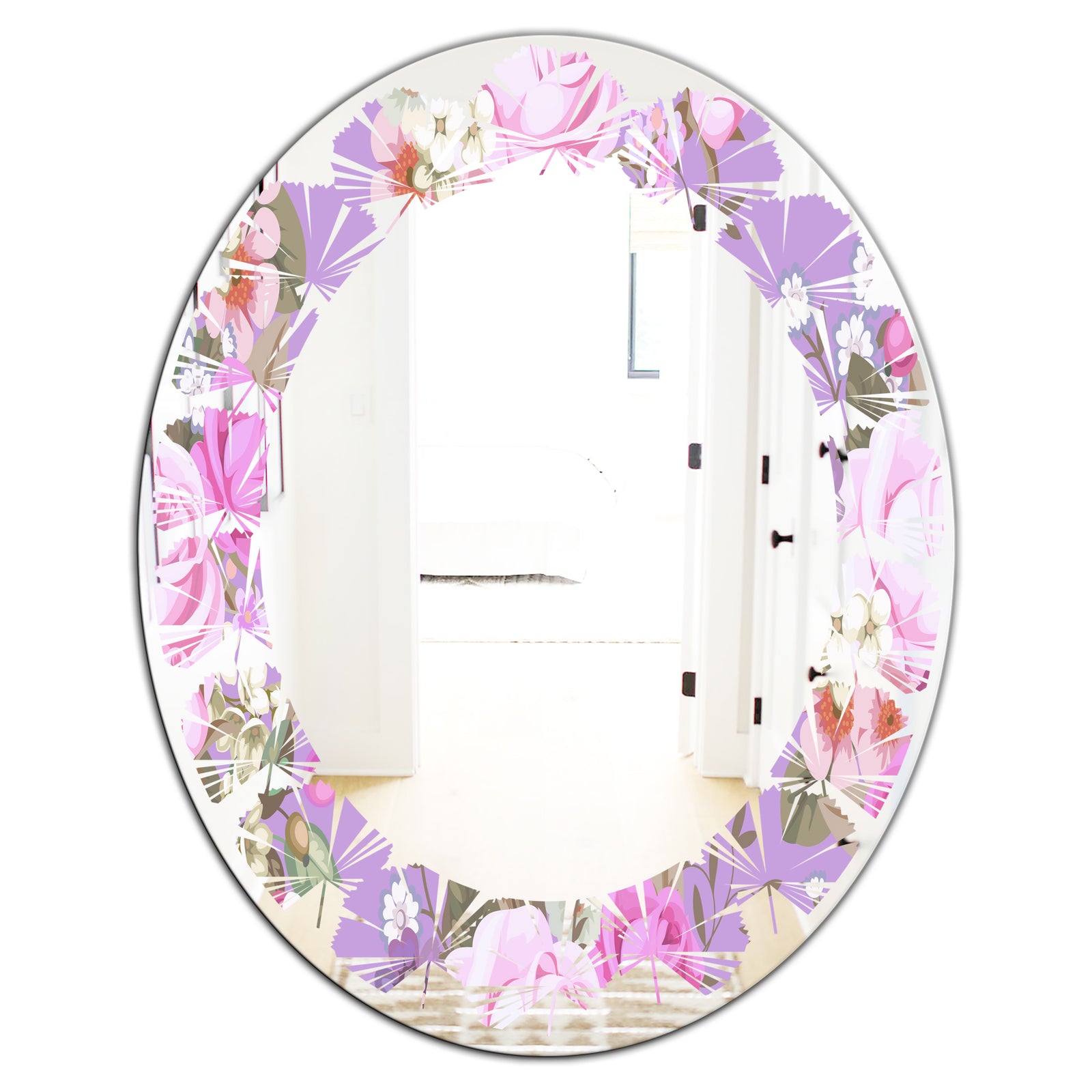 pattern with country roses - Modern Round or Oval Wall Mirror - Leaves