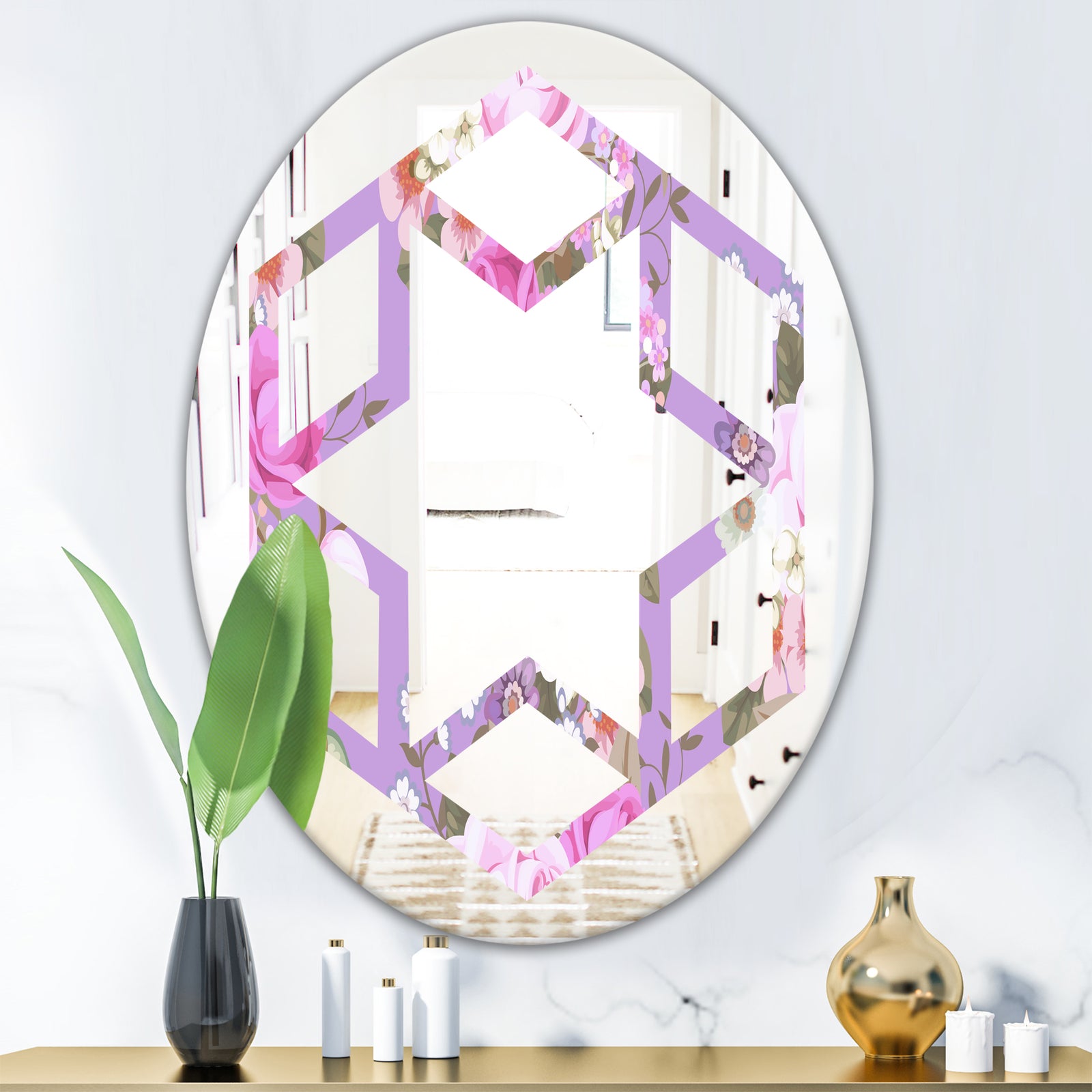 pattern with country roses - Modern Round or Oval Wall Mirror - Hexagon Star