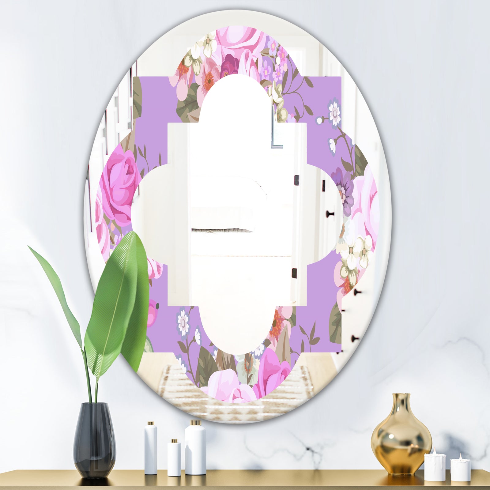 pattern with country roses - Modern Round or Oval Wall Mirror - Quatrefoil