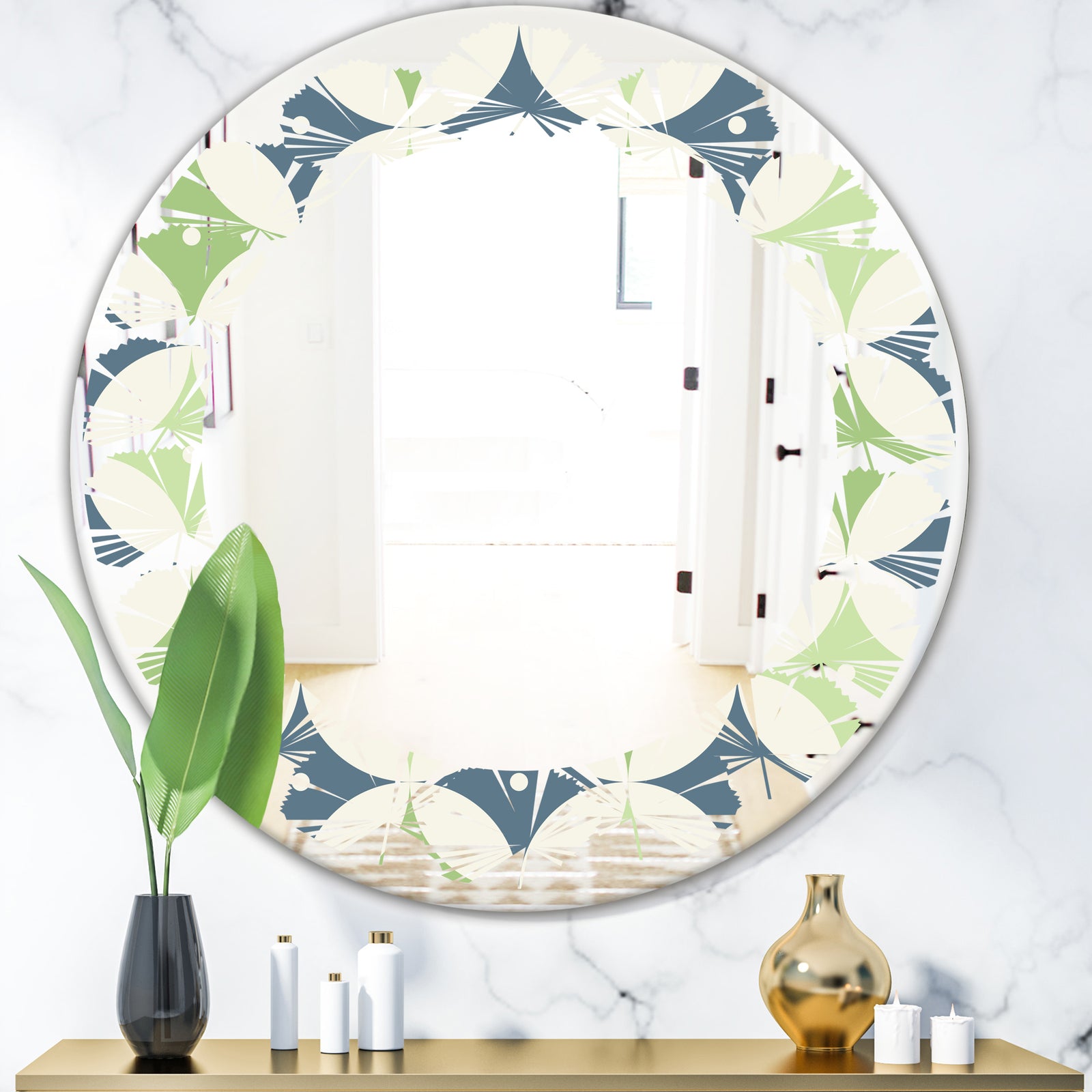 Retro Geometric Design V - Modern Round or Oval Wall Mirror - Leaves