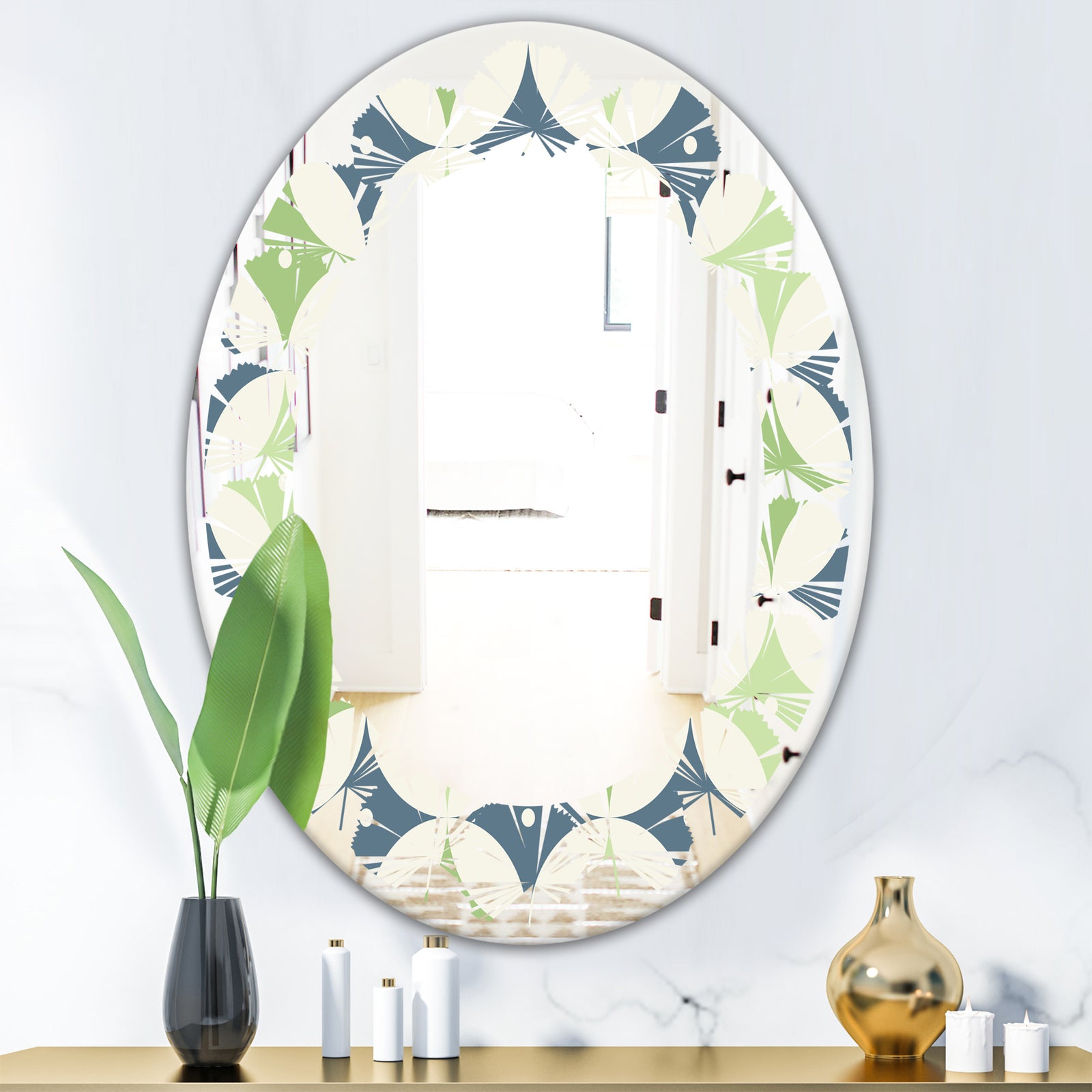 Retro Geometric Design V - Modern Round or Oval Wall Mirror - Leaves