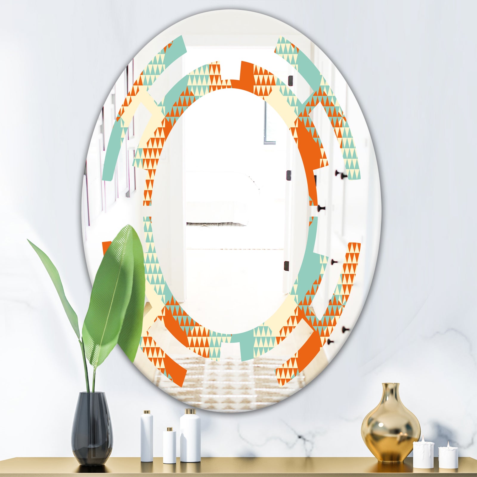 Retro Hexagon Pattern VIII - Modern Round or Oval Wall Mirror - Space