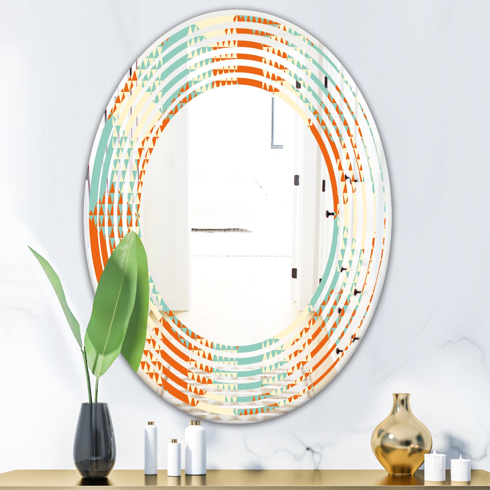 Retro Hexagon Pattern VIII - Modern Round or Oval Wall Mirror - Wave
