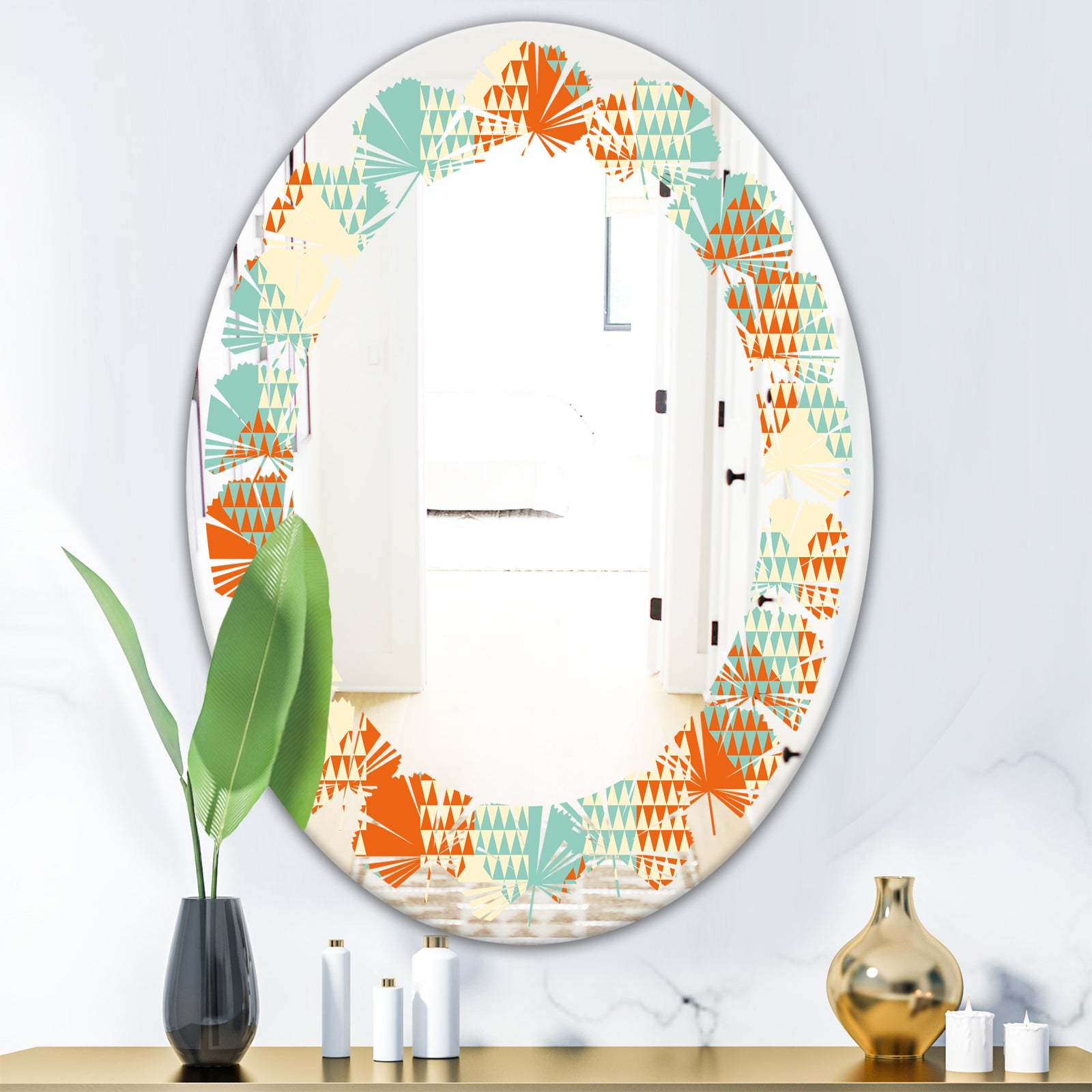 Retro Hexagon Pattern VIII - Modern Round or Oval Wall Mirror - Leaves