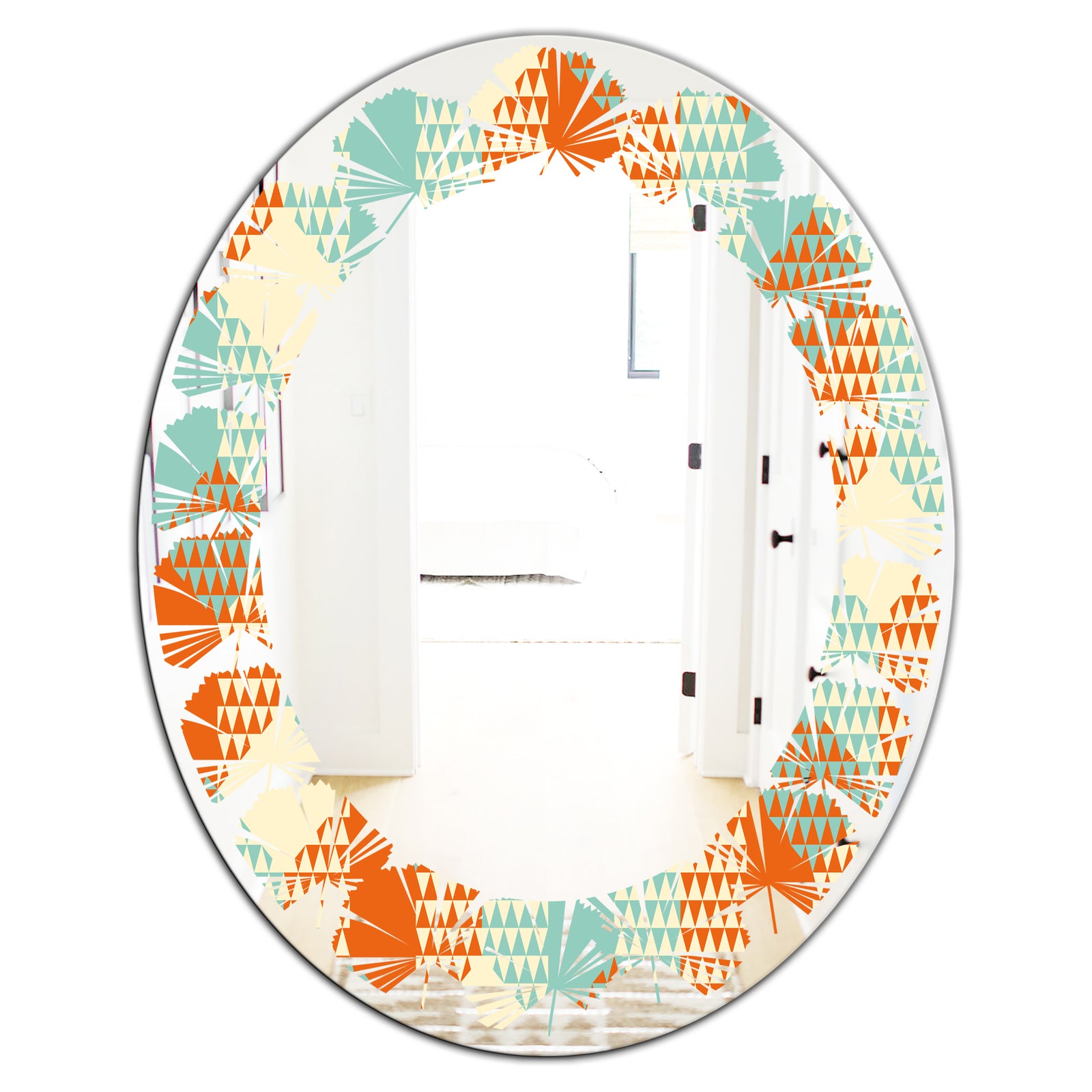 Retro Hexagon Pattern VIII - Modern Round or Oval Wall Mirror - Leaves