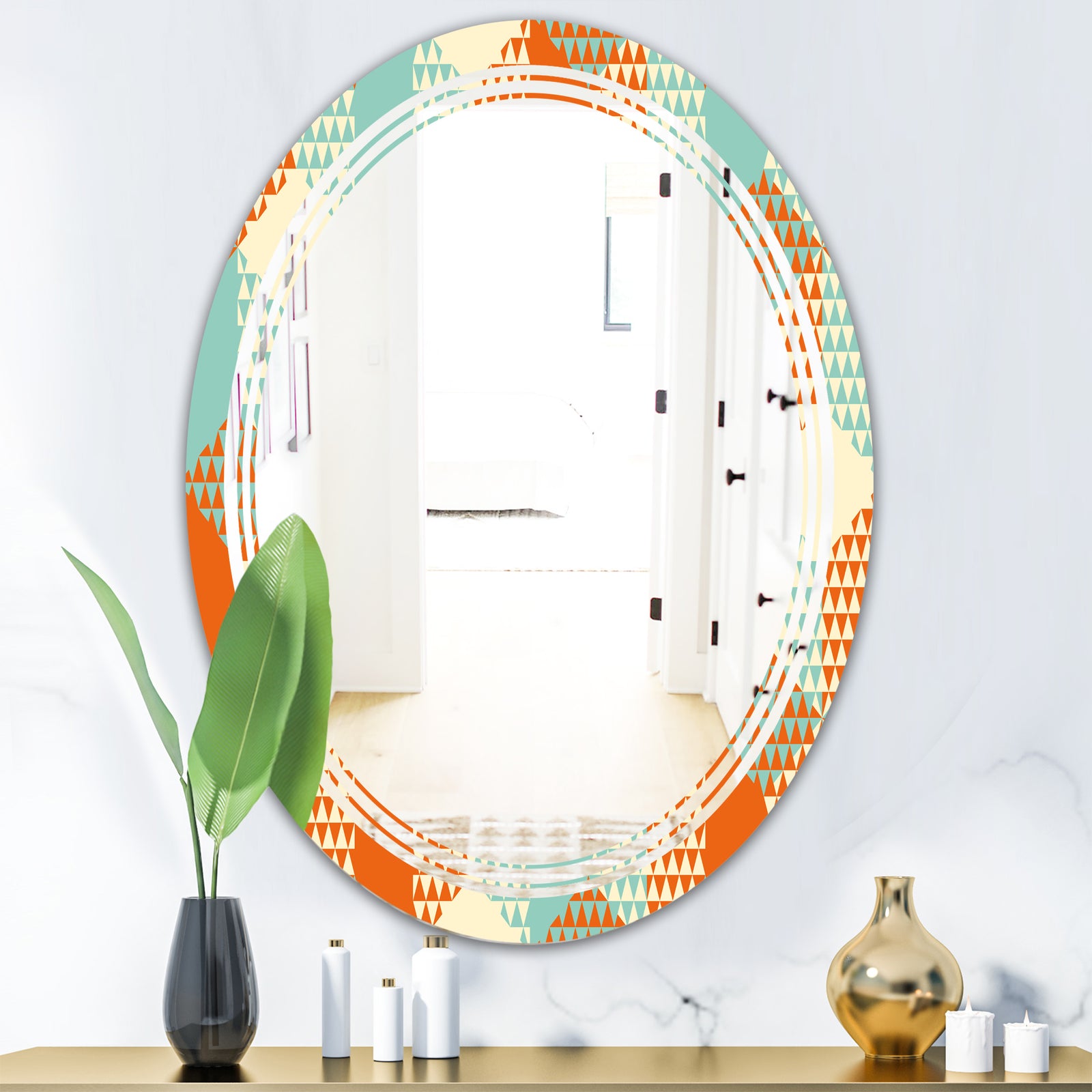 Retro Hexagon Pattern VIII - Modern Round or Oval Wall Mirror - Triple C