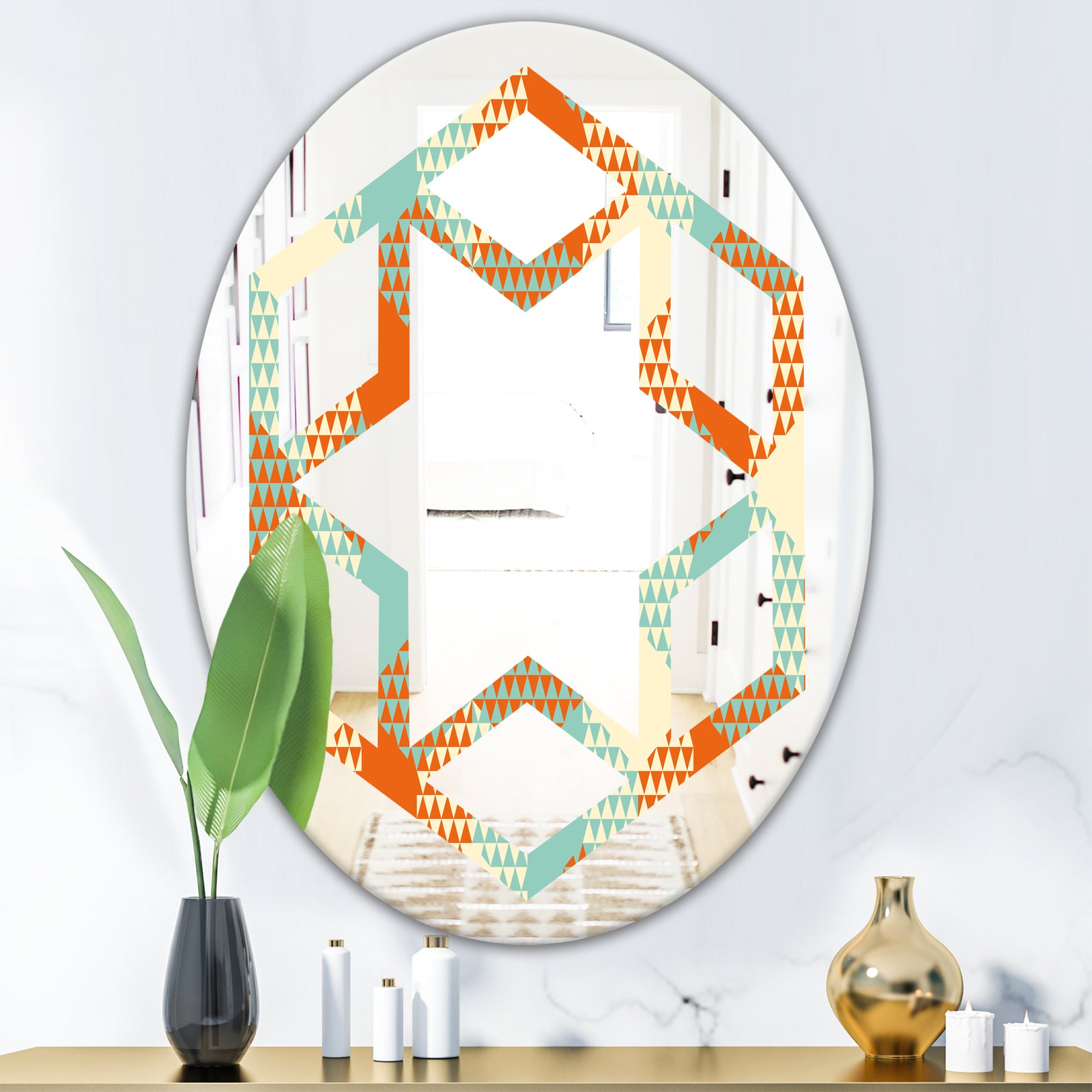 Retro Hexagon Pattern VIII - Modern Round or Oval Wall Mirror - Hexagon Star