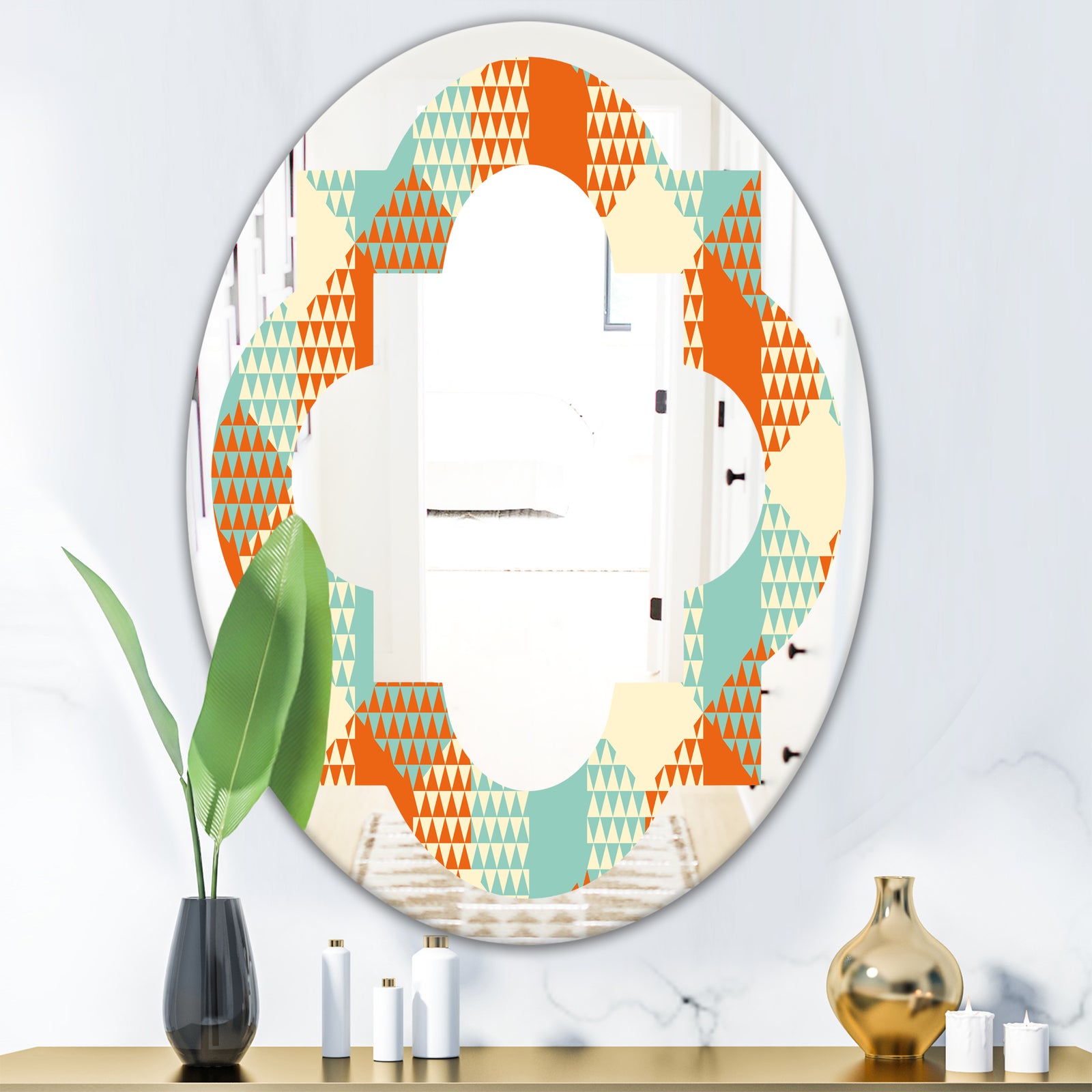 Retro Hexagon Pattern VIII - Modern Round or Oval Wall Mirror - Quatrefoil